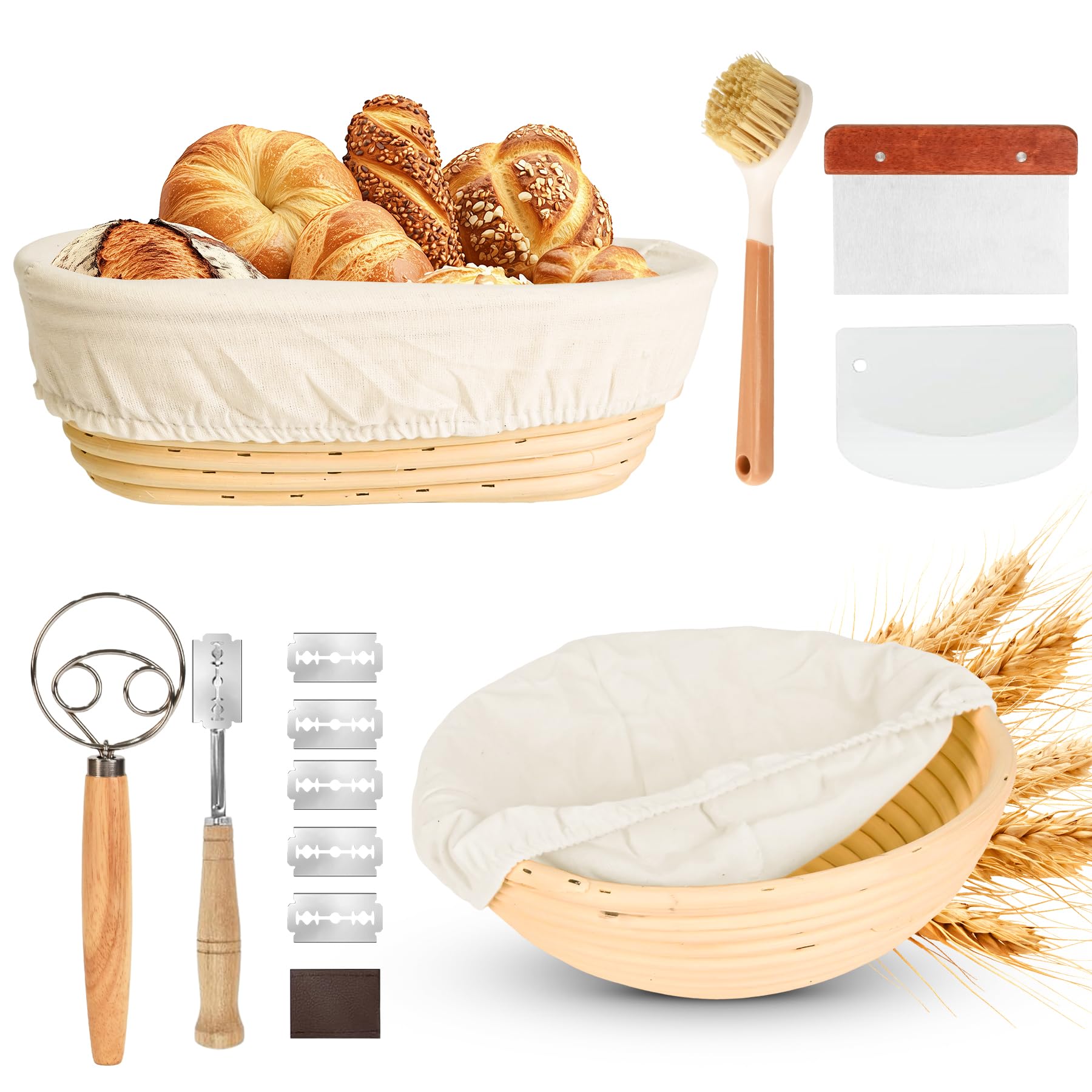 Cestino per Lievitazione del Pane Set,23 cm, Rotondi e 25 cm, Ovali, 100% Rattan Naturale, con Raschietto per Impasto, Inserto in Lino, Frusta per Pasta e Pane Zoppo, Accessorio
