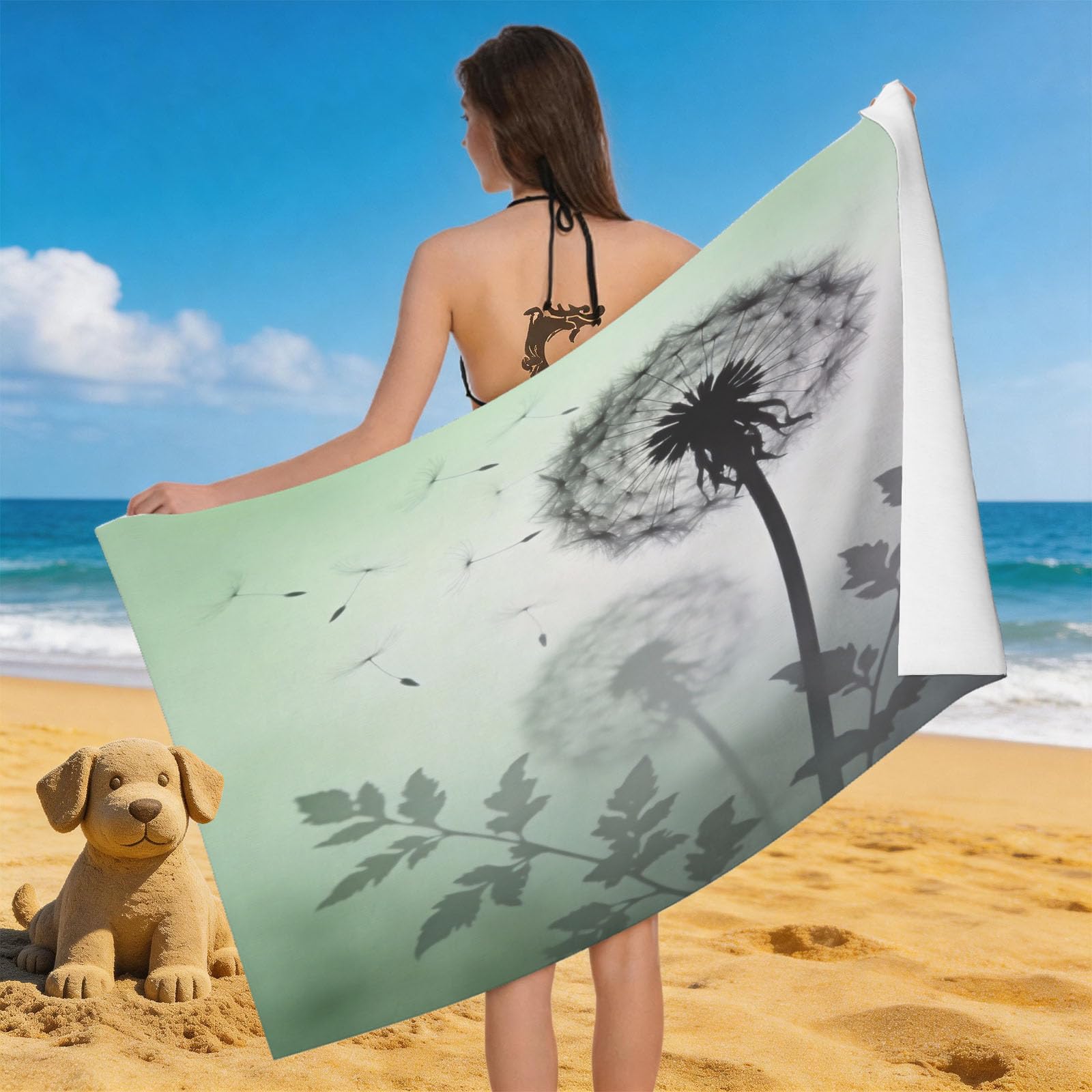 Leichong 3D Dandelion Silhouette Beach Towel Microfiber Soft Quick Dry for Adults, Minimalistic Bath Towel Lightweight Soft Absorbent for Travel Swimming Pool Sports, 75 x 150 cm