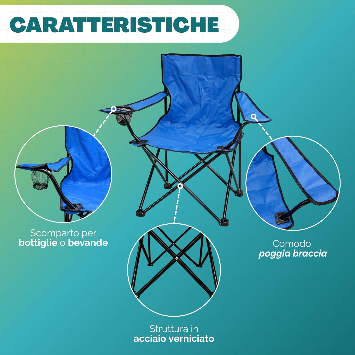 PALUPLUS 2 Sedie da Pesca pieghevoli Blu 75x46x80 cm Struttura tubolare metallo poliestere Braccioli Portabicchiere Sacca Trasporto