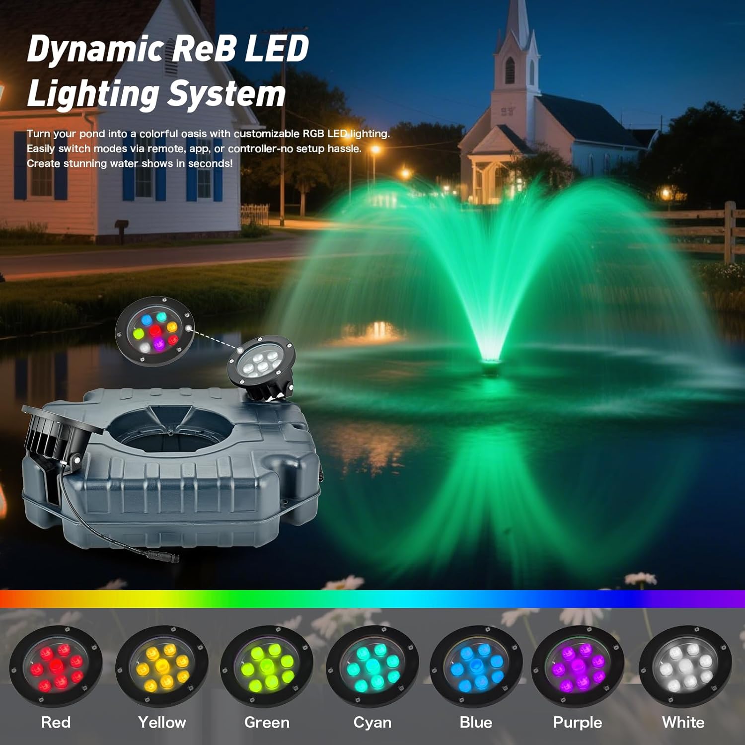 Premium LED Pond Fountain with RGB Lighting System, Stainless Steel Rotor, All-Copper Motor, Remote Control, Dynamic Color Changing, for Garden Ponds (Two Lights)