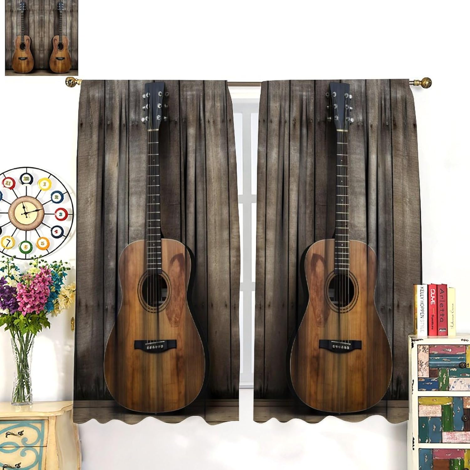 Vintage Wooden Board Guitar Curtains - Rustic Western Country Music Theme Guitar Thermal Insulated Blackout Curtains - Rod Pocket Window Treatment Drapes for Bedroom 2 Panels 54L x 21W