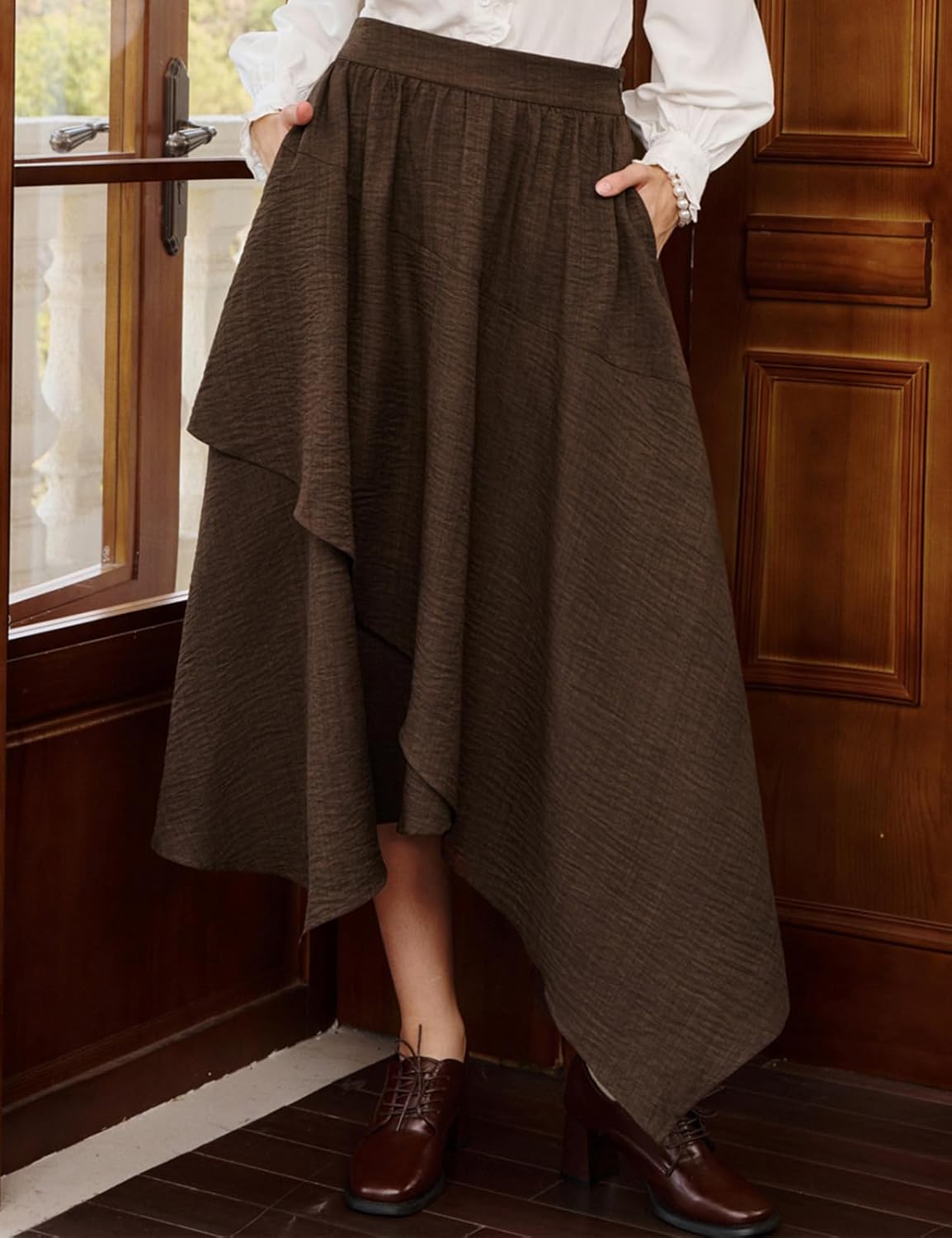 Belle Poque Women Vintage Skirt Asymmetrical Hem Flowy Maxi Skirts with Pockets - Image 3