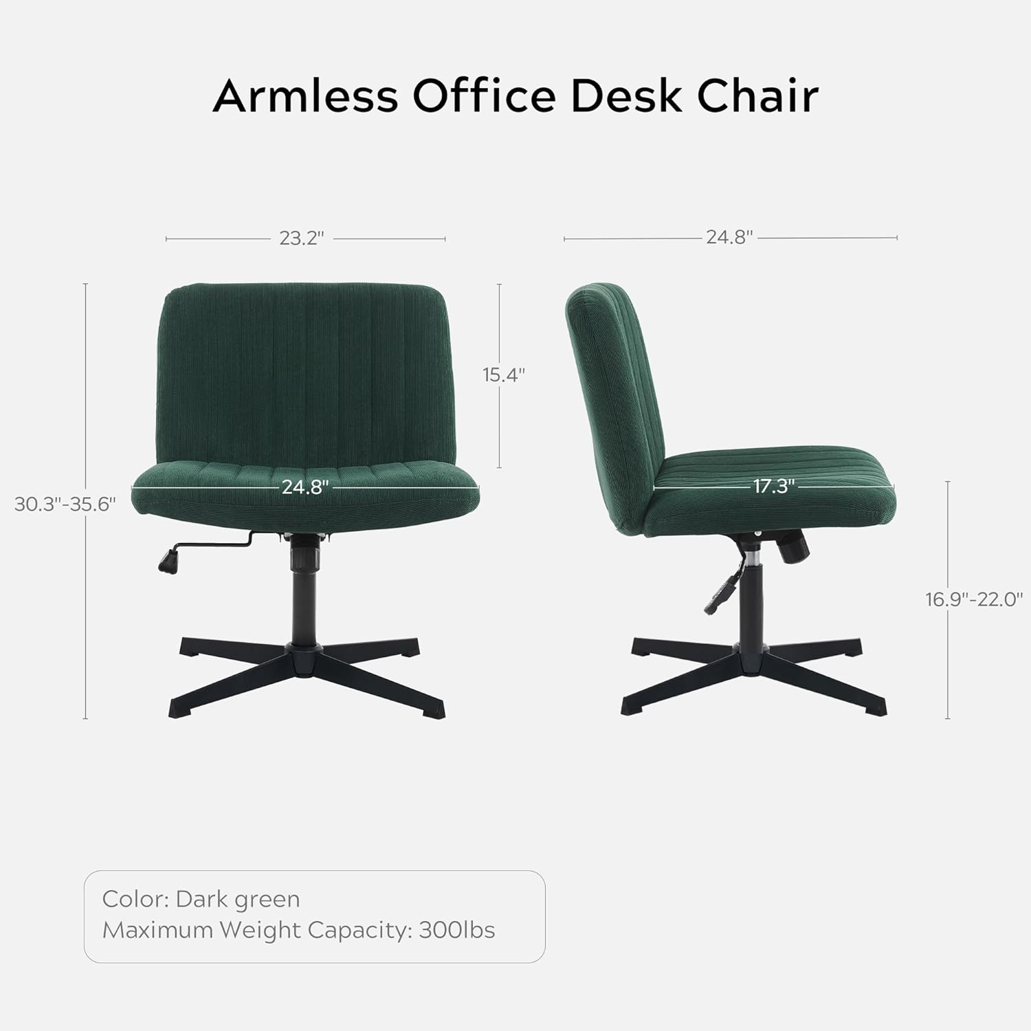 EYYTHUNG Green Criss Cross Chair No Wheels Armless Wide Seat Office Chair Swivel Vanity Velvet Padded Vanity Chair for Girls