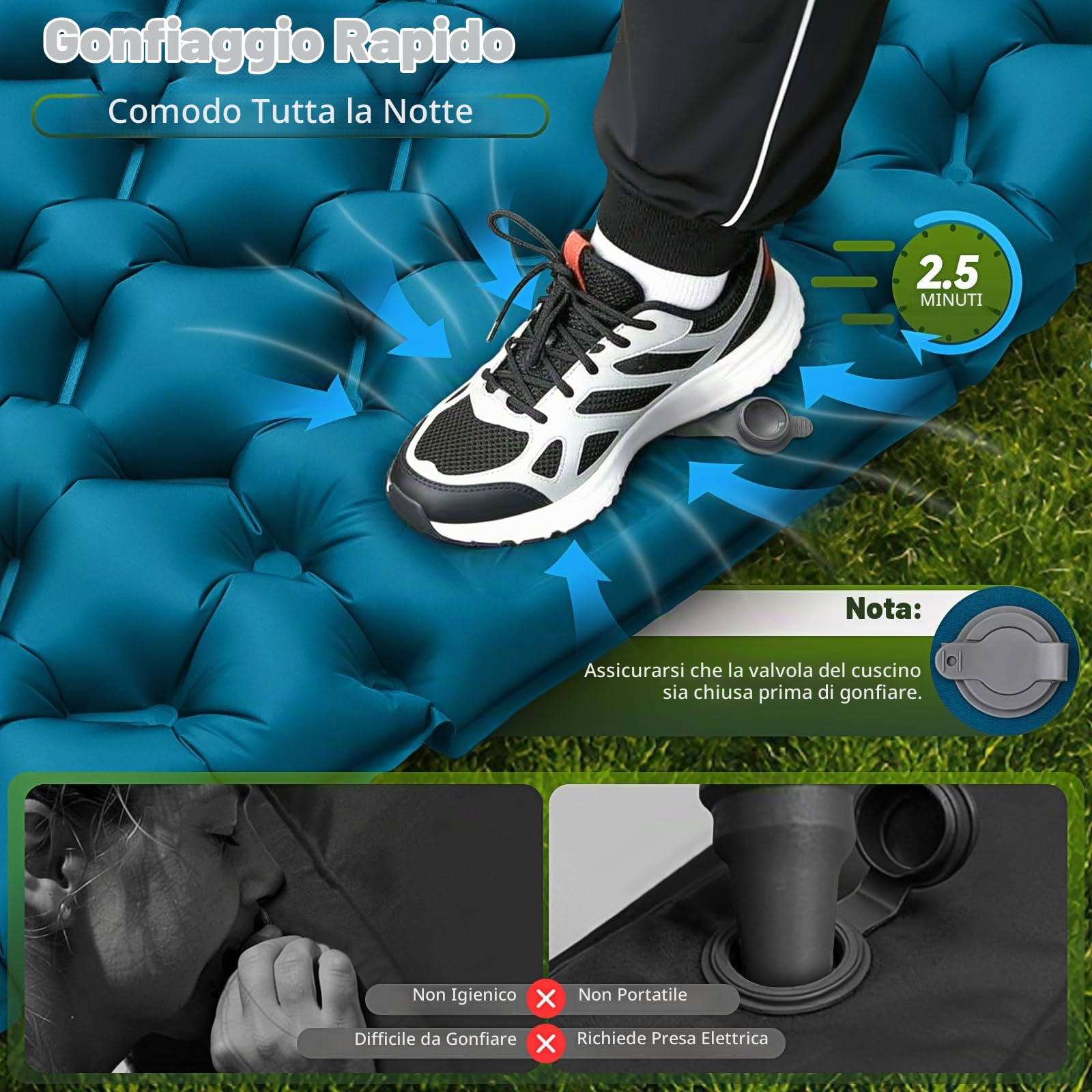 Materassino Campeggio Autogonfiabile per 2 persone 9.5cm, 204 x 130 cm | Ultraleggero Materasso Gonfiabile portatile Letto Campeggio per Outdoor, escursionismo, trekking, tende, spiaggia