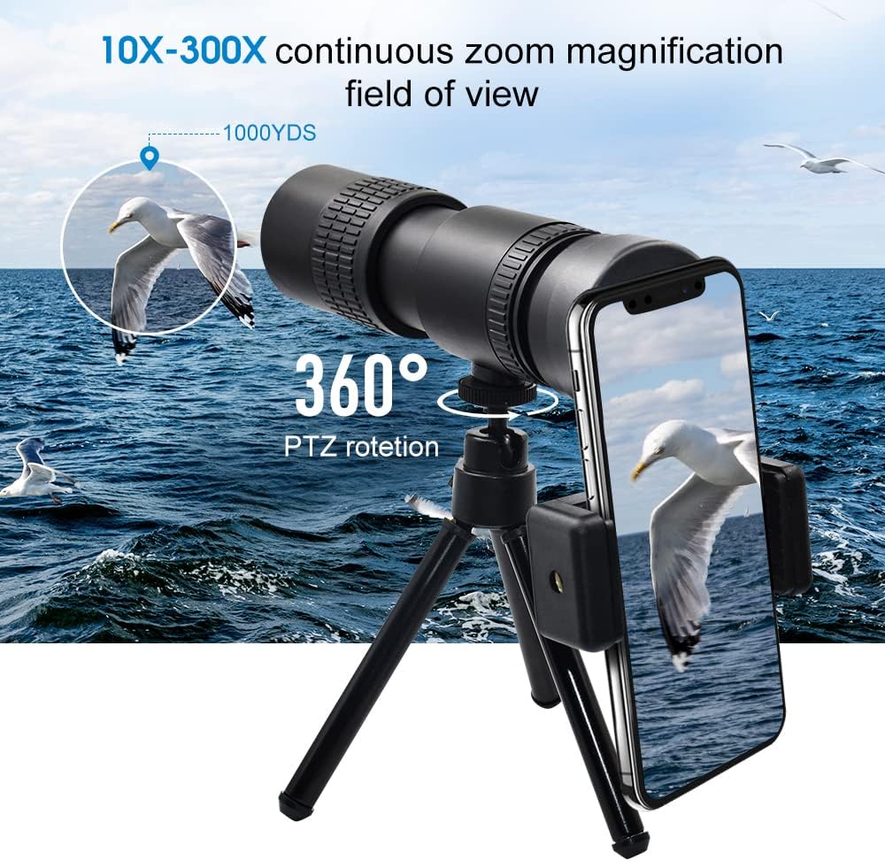10-300x40 Zoom Monocular Telescope, Waterproof Night Vision Monocular with Tripod Mobile Phone Holder, Monoculars for Adults High Powered, Thermal Monocular for Hunting, Travel, Camping, Bird Watching : Electronics