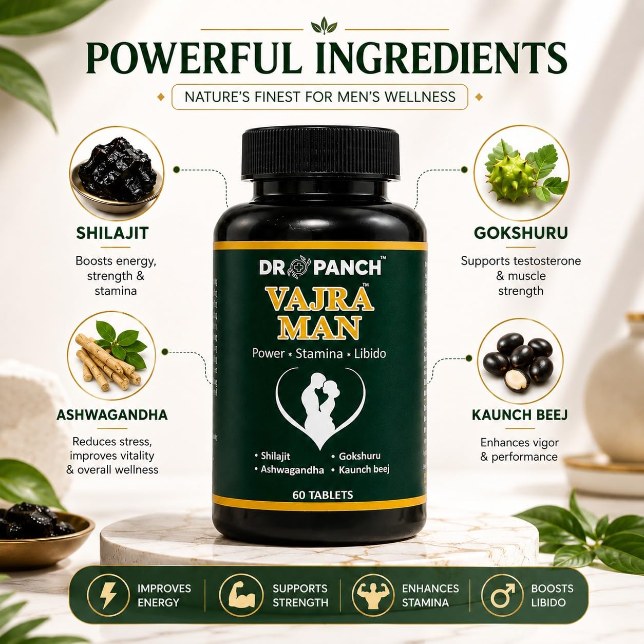 Vajraman 60 Tablets | Ayurvedic Power & Stamina Support Tablets for Men | Shilajit, Ashwagandha, Kaunch Beej, Gokshura | Strength, Vitality & Energy Formula — Amazon image 3