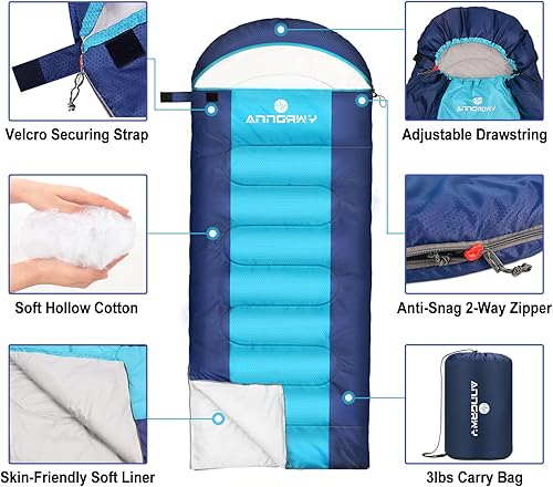Miniatura 4 de Saco de dormir anngrowy para acampar para adultos y niños, ultraligero de emergencia 4 estaciones, clima frío y cálido, impermeable, verano,