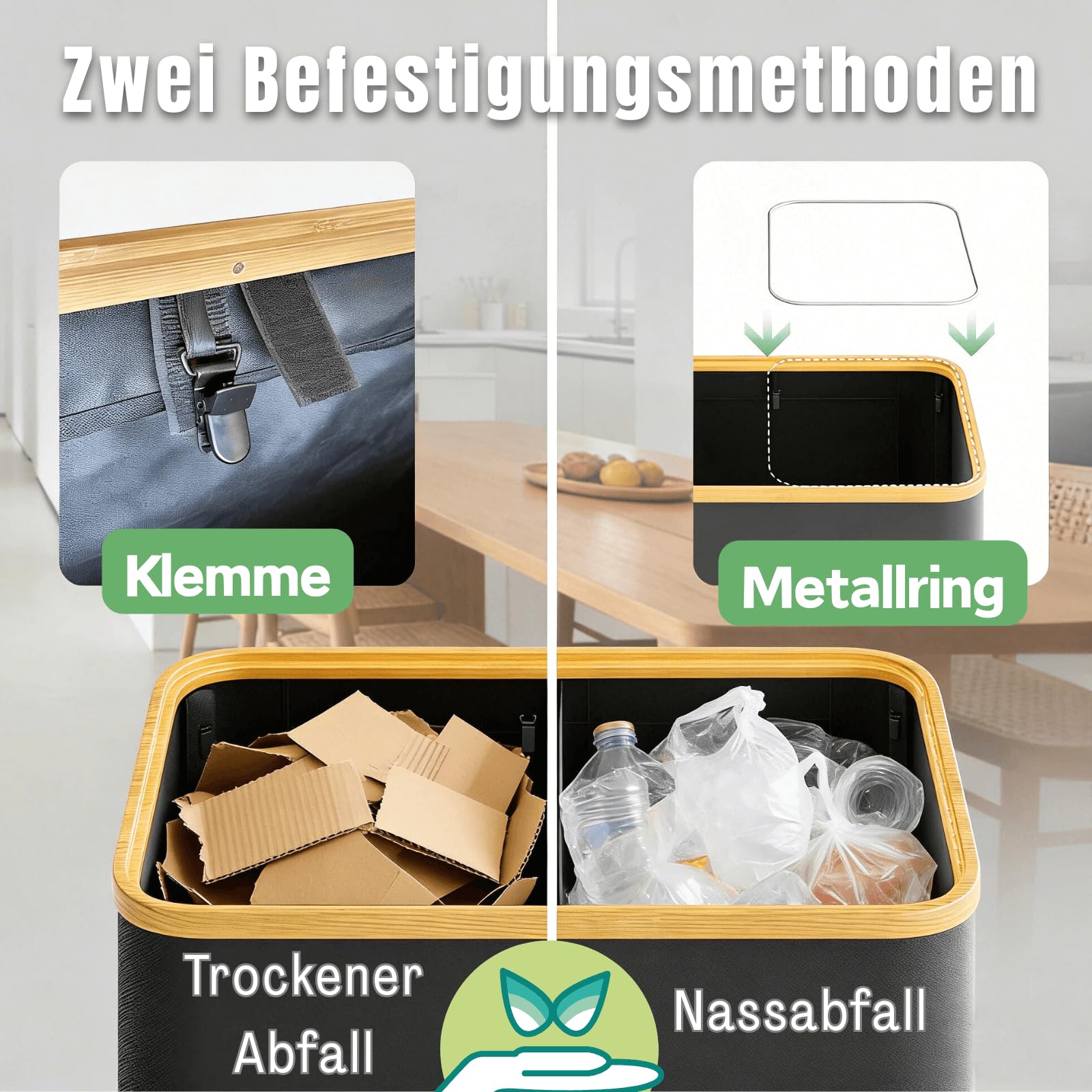 RMAN® 160L Gelber Sack Ständer Mülleimer 2 Fächer Wasserdicht Faltbar 2-in-1 Groß Müllsackständer mit 10 Gelber Müllsäcke Schwarz
