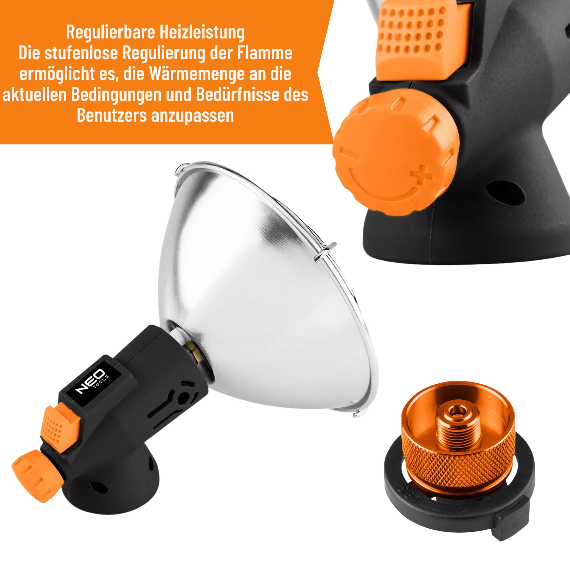 NEO TOOLS Riscaldamento a gas portatile – Riscaldamento da campeggio, perfetta fonte di calore senza corrente, riscaldamento a gas per esterni, terrazze, riscaldatore mobile con accensione