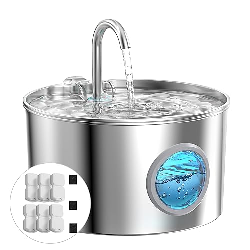 Katzenbrunnen Edelstahl Katzen Trinkbrunnen: Trinkbrunnen für Katze - 2.2L Katzenbrunnen für Katzen - Super Silent Wasserbrunnen für Hunde - Hält das Wasser frisch - mit 6 Kohlefilters + 3 Schwämmes