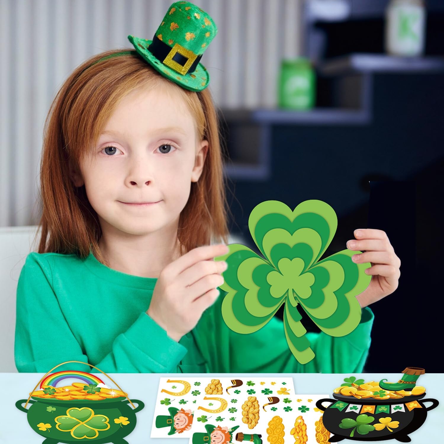 tineit 24 Packs St Patricks Day Crafts, DIY Pot of Gold Decor and Shamrocks Cutouts Set for St. Patrick's Day Activities Displays, Irish Saint Patricks Decorations Gold Coins Cutouts Leprechaun Hat