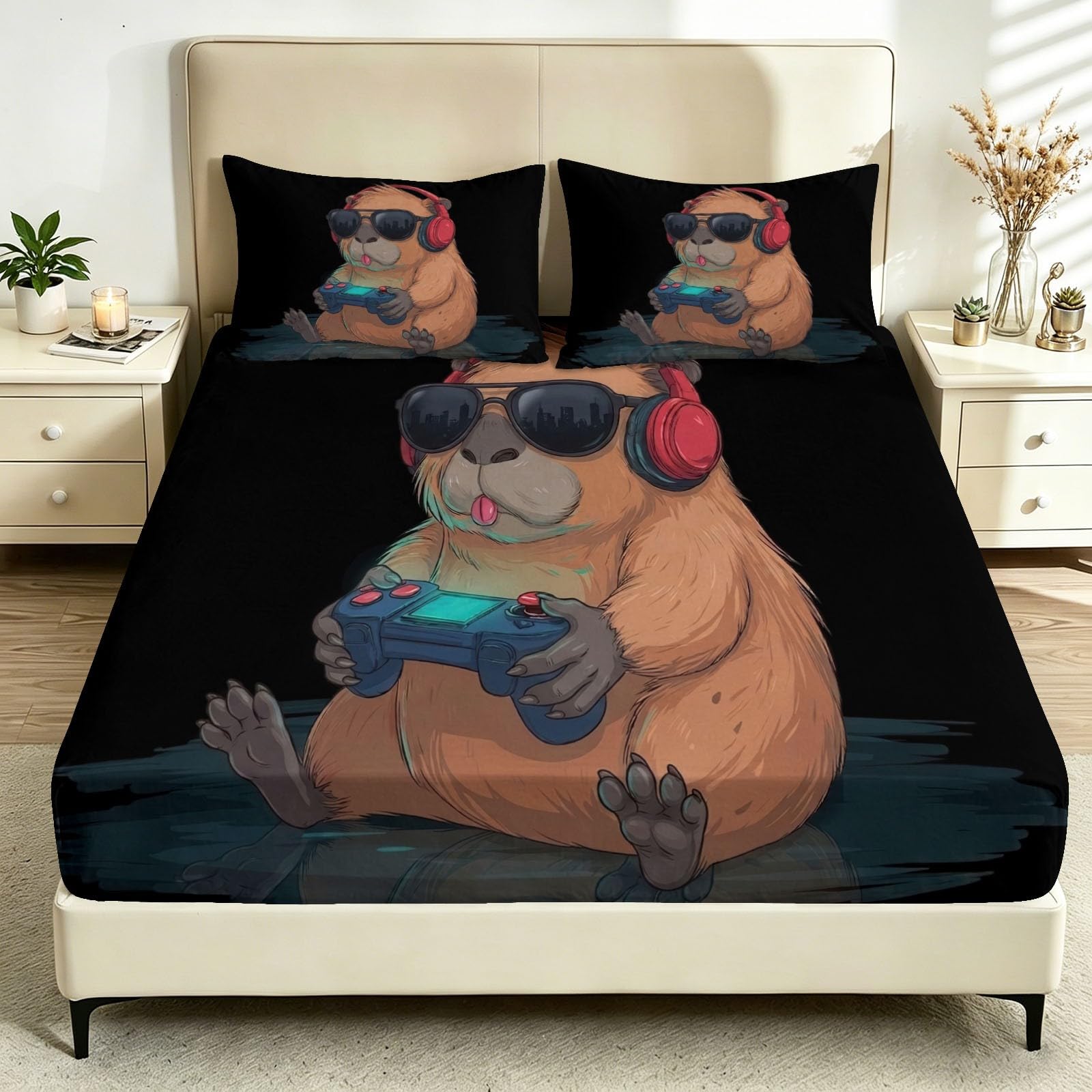 Prześcieradło z gumką na łóżko Super King o głębokości 30 cm, 3-częściowy zestaw pościeli z kreskówki anime 180 x 200 cm, miękka szczotkowana mikrofibra, łatwe w pielęgnacji, kapibara ze zwierzętami