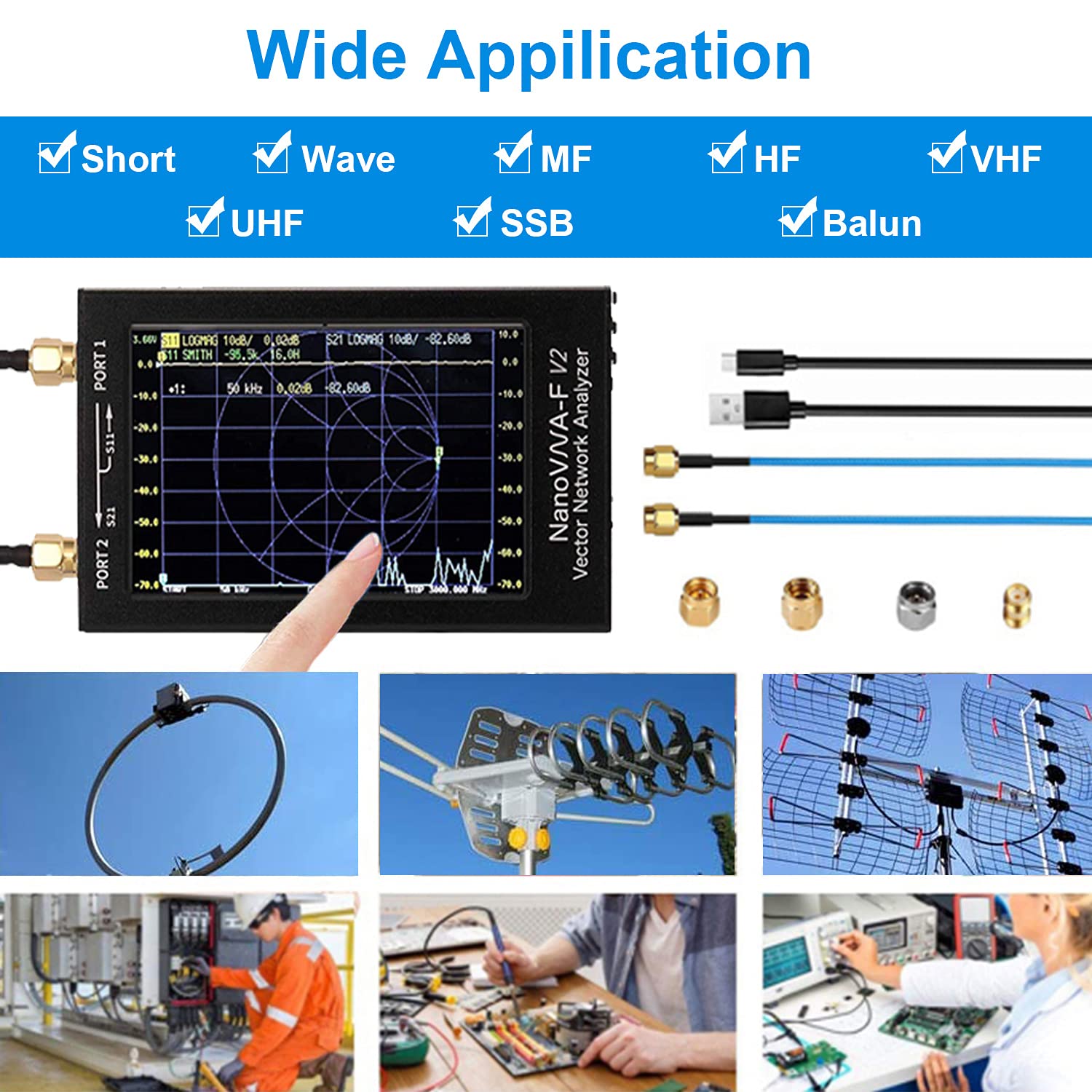 3GHz Nanovna V2 Vector Netwerk Analyzer SAA2, 4.3 pollici Nanovna-F V2 Analizzatore Antenne guscio metallico Display digitale LCD Touching Big Screen Onde corte MF HF VHF UHF Onda stazionaria
