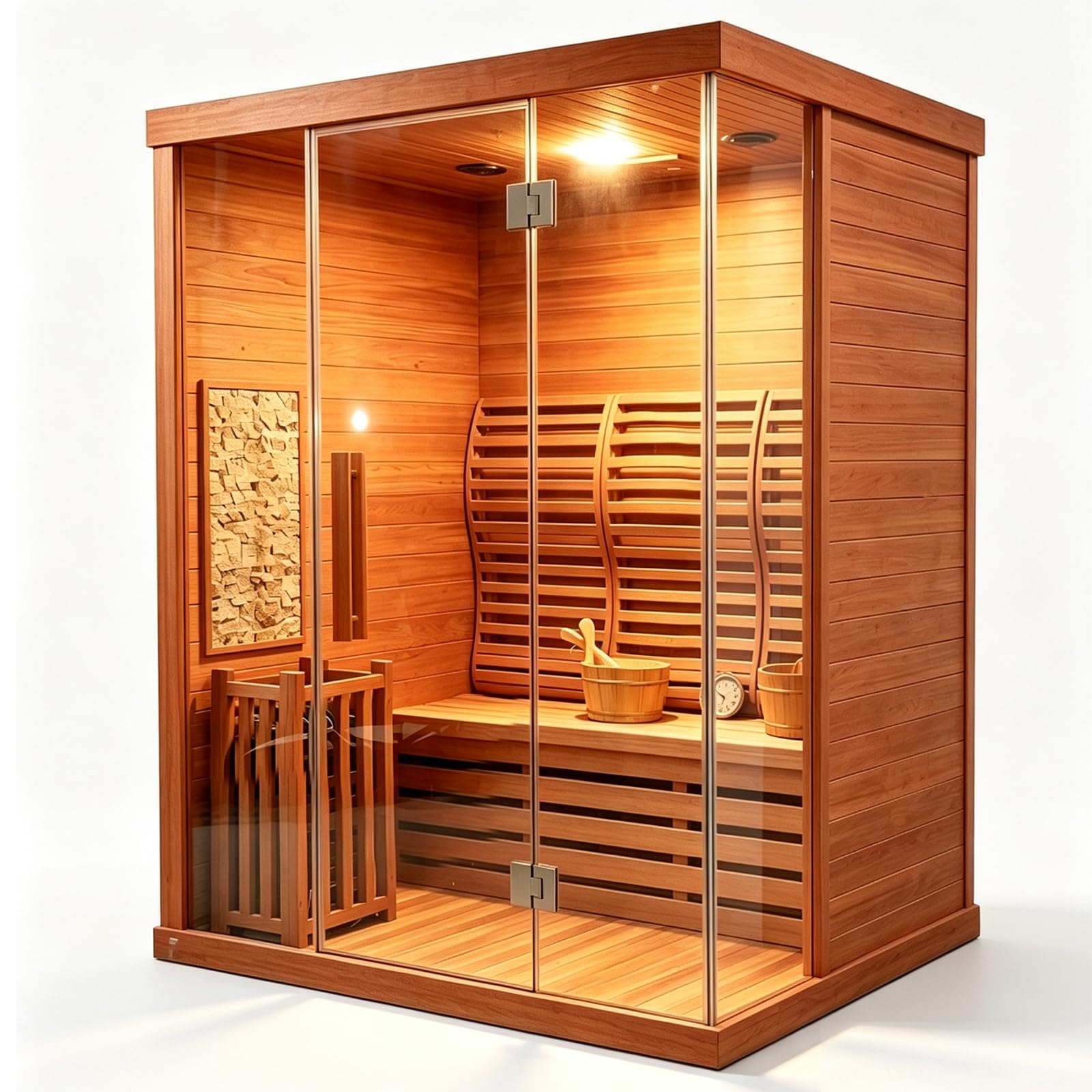 Smartmak Indoor Steam Sauna, 3-Person Home Wooden Sauna, Wi-Fi Control, Premium Red Cedar, 6KW Harvia Stove