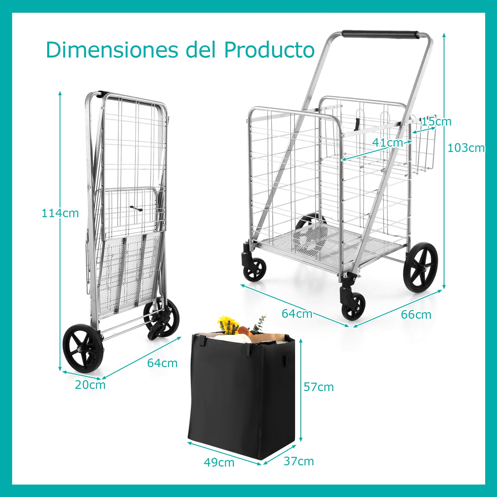 GOPLUS Carro de la Compra Plegable 126L, Carrito Compra Portátil Grande con Ruedas Universales y 2 cestas, Bolsa Impermeable Extraíble, Carga Máxima 150KG, Ideal para Lavandería Equipaje, Plateado