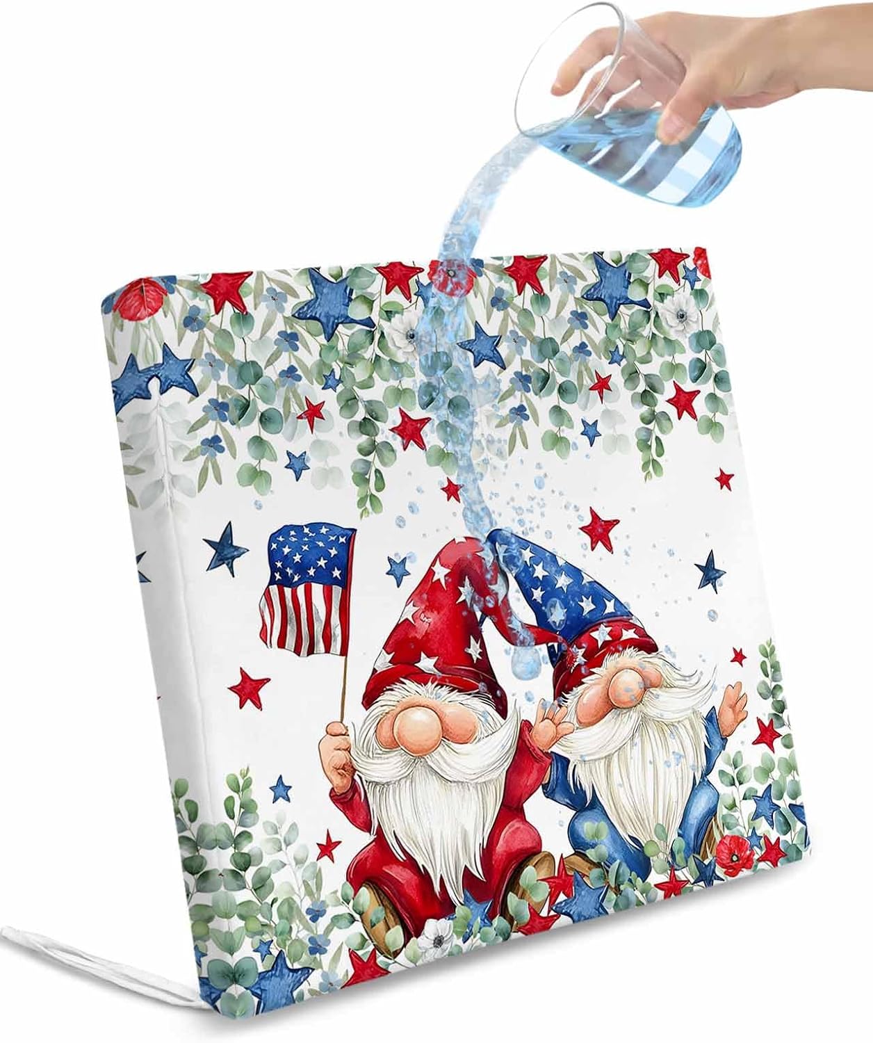 Outdoor Waterproof Cushion Covers Patriotic American Flag Gnome Replacement Stretch Seat Slipcover for Patio, Sage Green Eucalyptus Leaves Chair Couch Sofa Covers Furniture Protector Set of 2,20x18IN