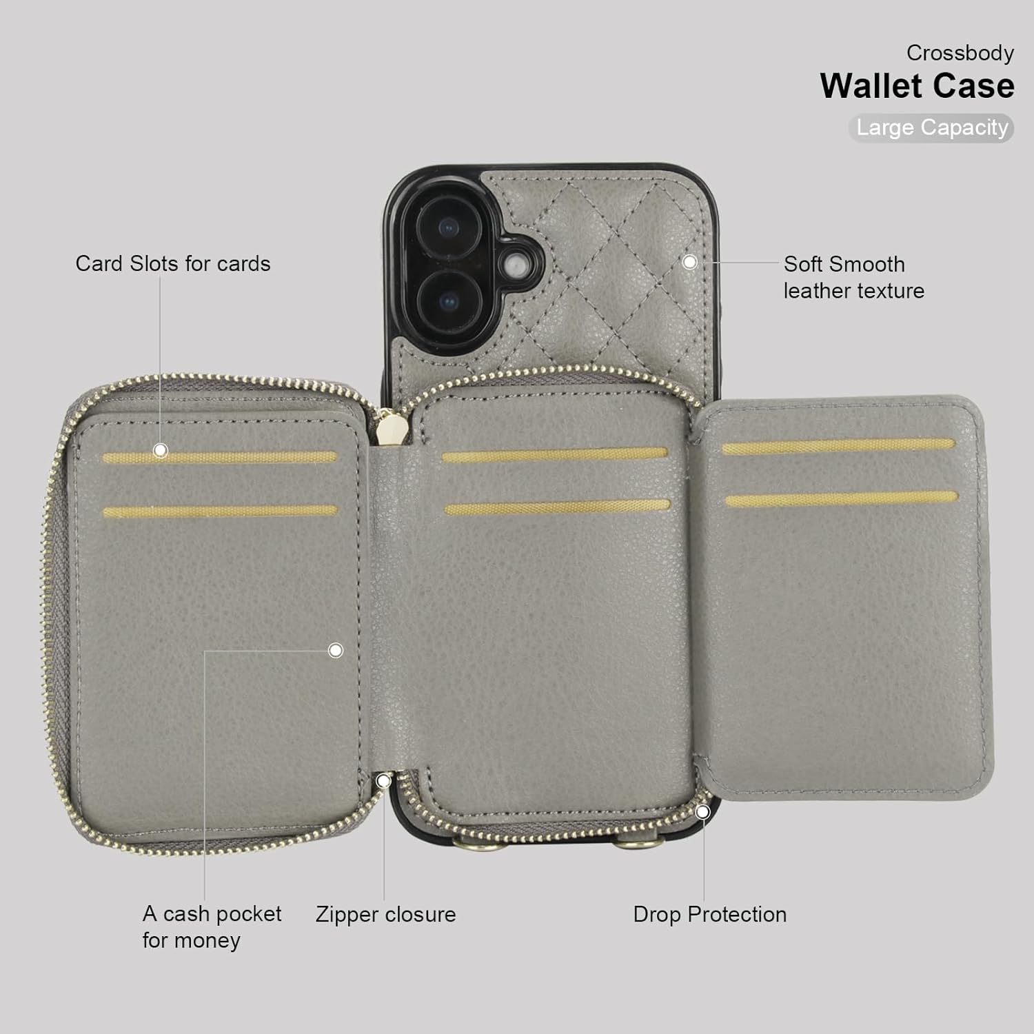 Bocasal Crossbody Wallet Case for iPhone 16 Plus, RFID Blocking PU Leather Zipper Handbag Purse Flip Cover, Kickstand Folio Case with Card Slots Holder Wrist Strap Lanyard 5G 6.7 Inch (Grey)