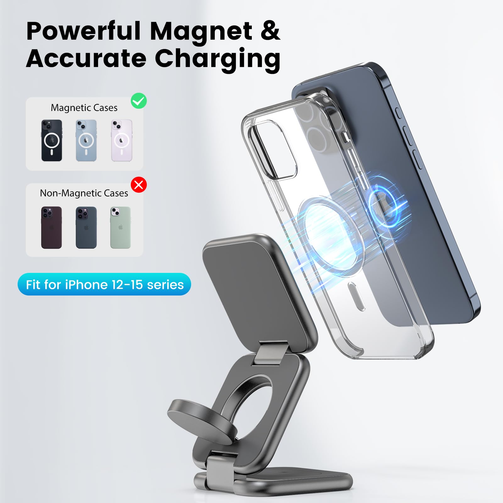 KU XIU X55 Plus Estación de carga 3 en 1 para dispositivos Apple, cargador inalámbrico magnético plegable de 15 W, almohadill