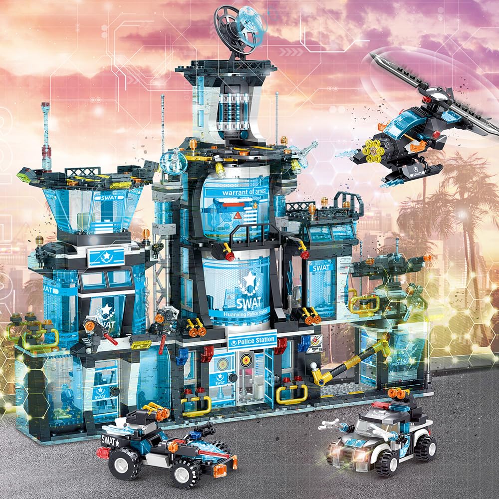 MindBox City Police Station Building Set with Police Car & Helicopter,1430pcs Building Block Toy for Boys 8-12