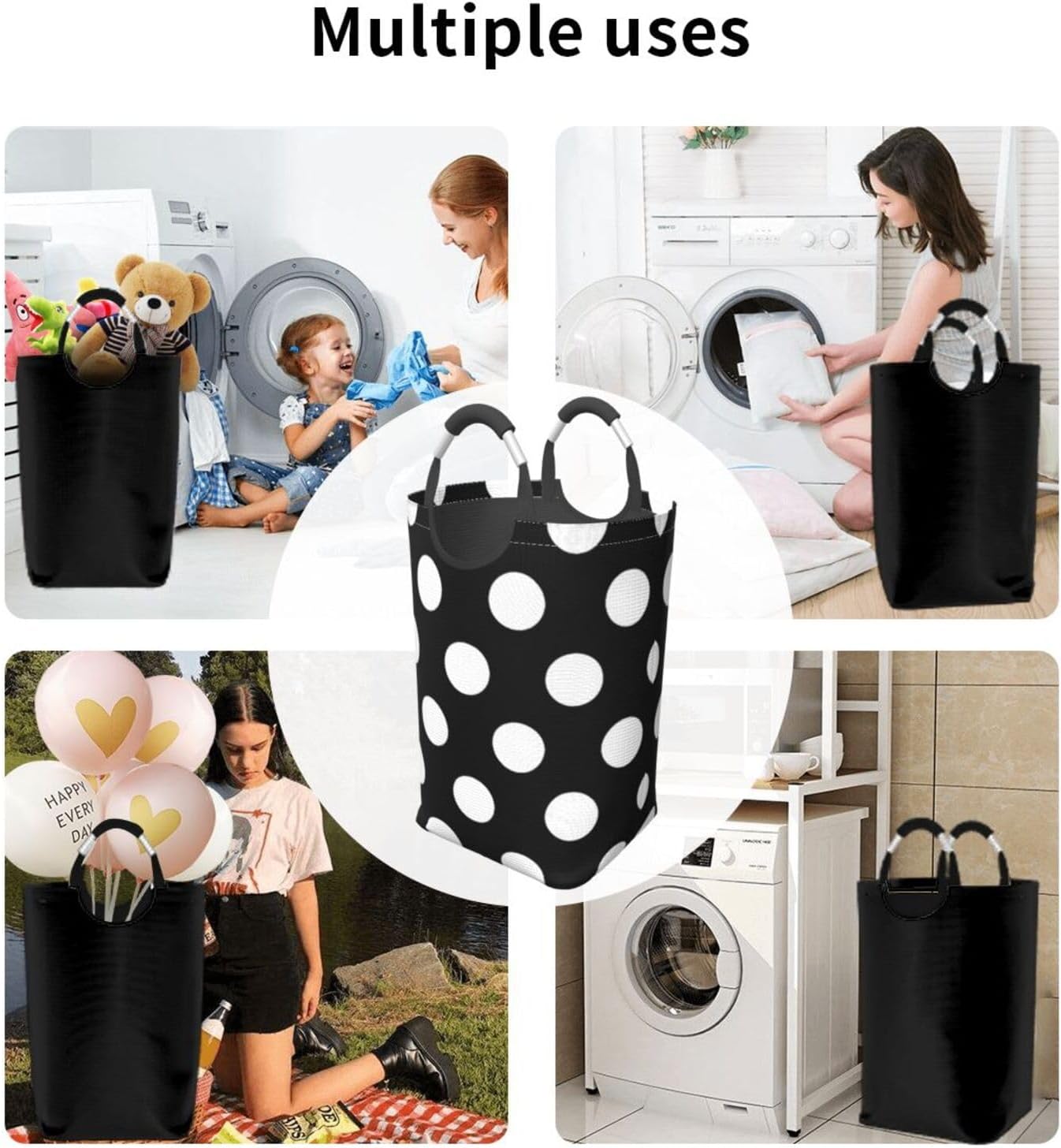 Large Laundry Basket, Retro Black and White Polka Dots Laundry Hamper Bag Collapsible Washing Bin With Handles for College Dorm, Family Essentials Storage