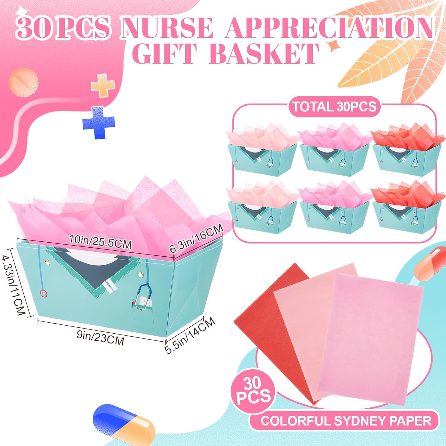 Supervitae 60 Pcs Nurse Gift Baskets Bulk with Handles, Empty DIY Paper Gift Basket Kit with Tissue Paper, Appreciation Gifts Baskets Treat Bag for Nursing, Nurse Week Graduation Party Supplies(Blue)