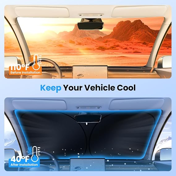 Canvcle Windshield Sun Shade for 2017-2025 2026 Tesla Model Y/3 Accessories (Fit 2025 Model Y Juniper/2024 Model 3 Highland) Double-Layer Front Window Sunshade Sun Visor Block UV Rays Keep Car Cool