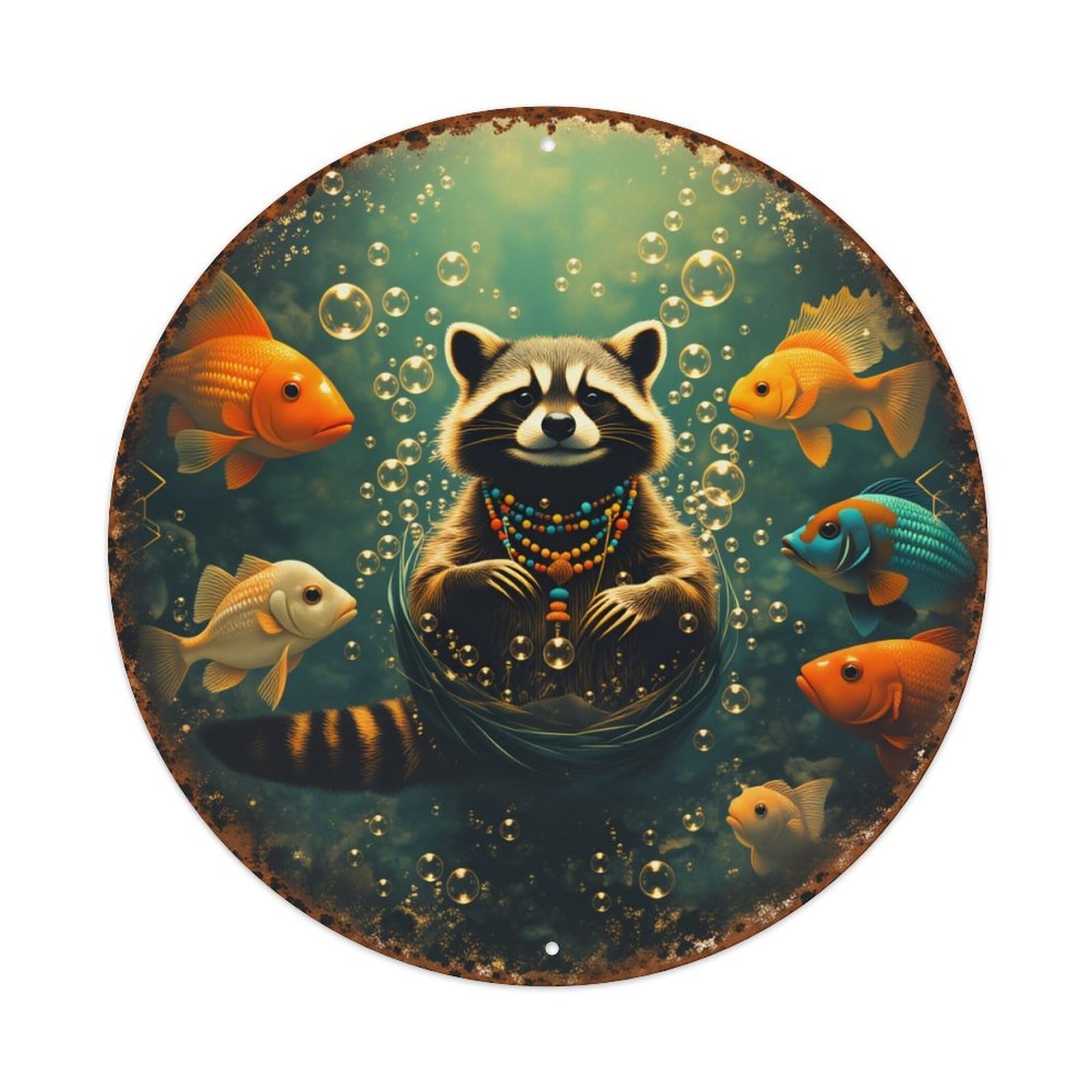 Raccoon Fish Bubbles Necklace Water Vintage Metal Tin Sign Retro Wall Decor for Home Bar Garage Cafe, Indoor & Outdoor Decorative，circle Metal Poster, 8x8 Inch
