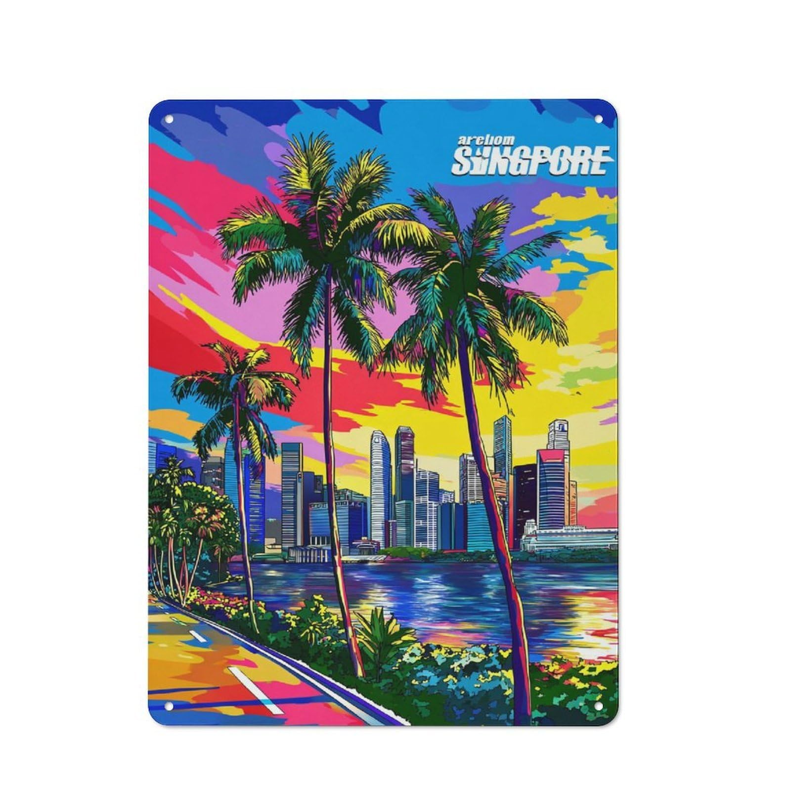 Junmoney Vibrant Singapore Skyline With Palm Trees Retro Metal Sign 40X30cm For Living Room Or Hallway, For Updating Living Room And Hallway After Moving