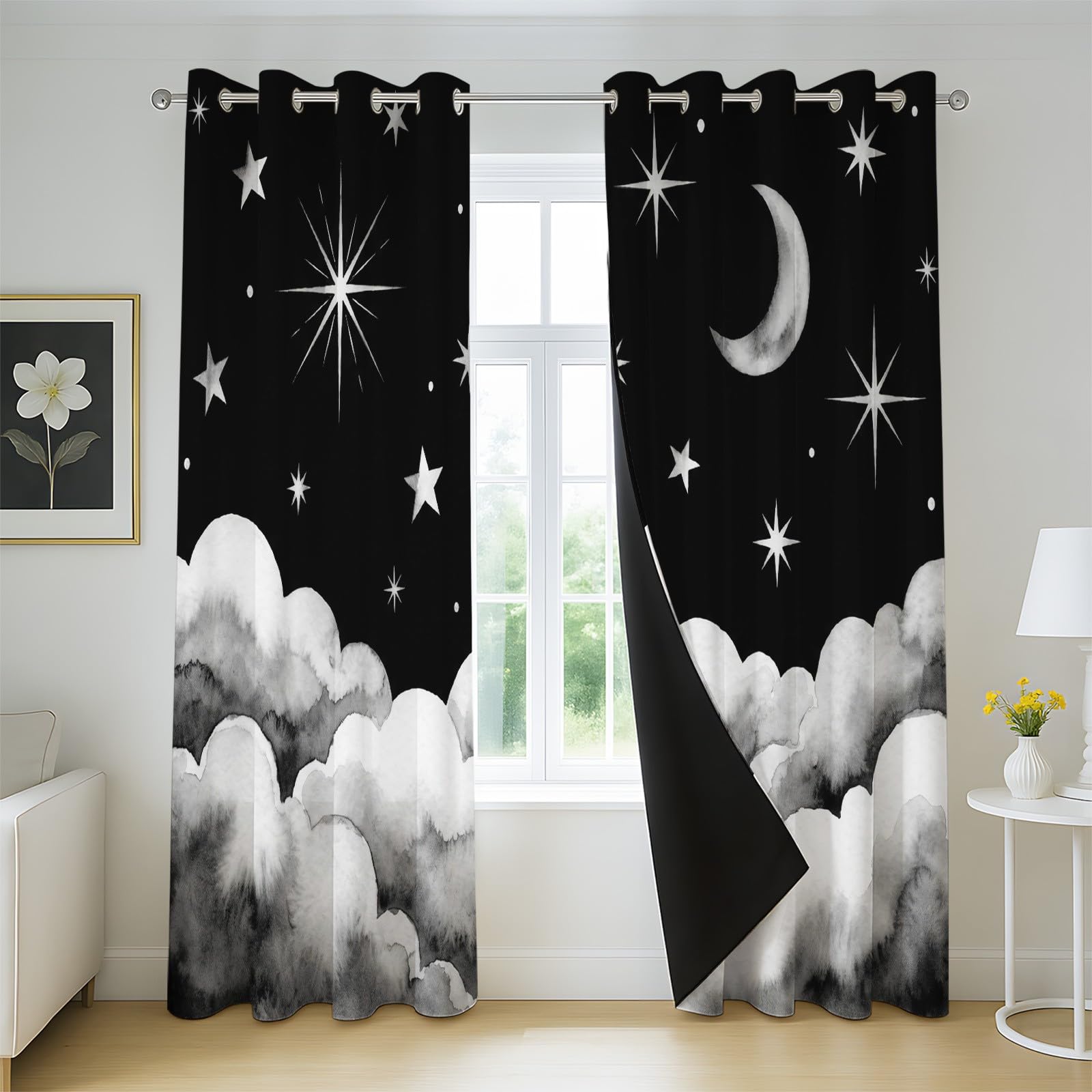 Générique Rideaux Occultant Thermiques & Anti Froid, Rideau à Oeillets Minimalist Watercolour, Hydrofuge Rideau Motif Cloud Night Sky, 135 x 245 CM (LxH) Rideaux Lot de 2 pour Salon Chambree