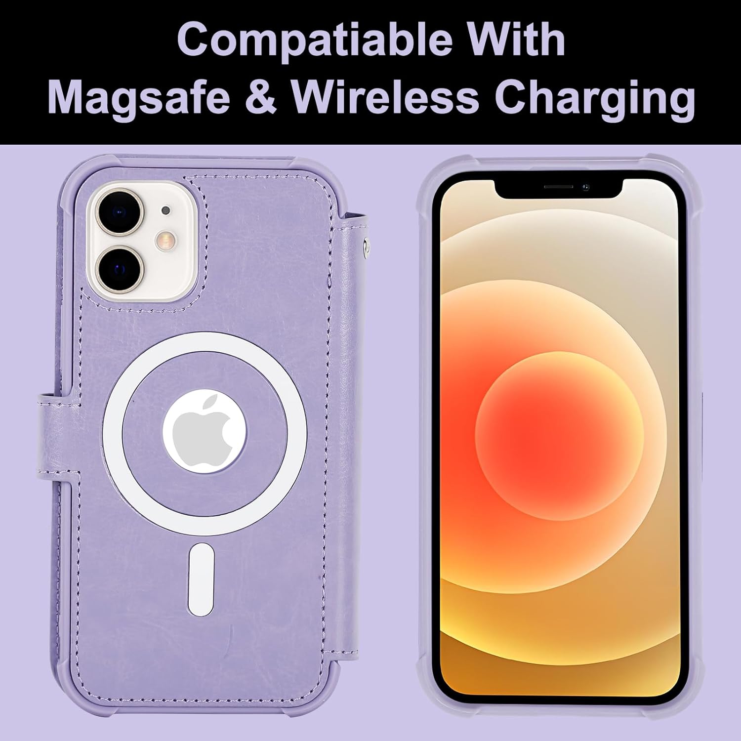 VANAVAGY Compatible for iPhone 12/12 Pro Wallet Case for Magsafe Wireless Charging, PU Leather Folio Flip Phone Cover with Wrist Strap RFID Blocking Card Holder Screen Protector, Clove Purple - Image 6