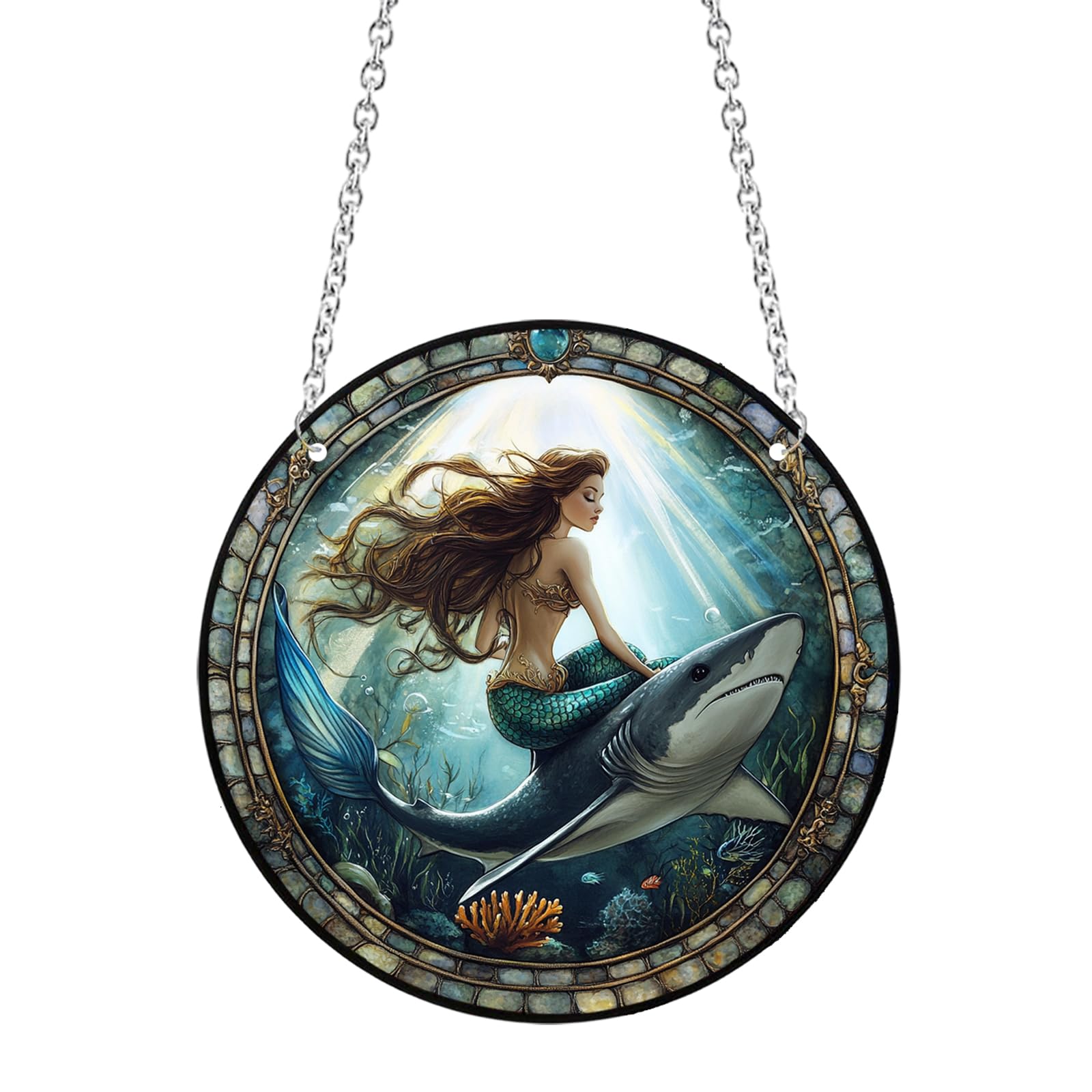 Xuoxeji Mermaid Stained Acrylic Window Hanging, 20cm/7.87in Mermaid Stain Acrylic Ornaments, Mermaid Gifts for Mermaid Lovers Women (Mermaid 20cm/7.8in)