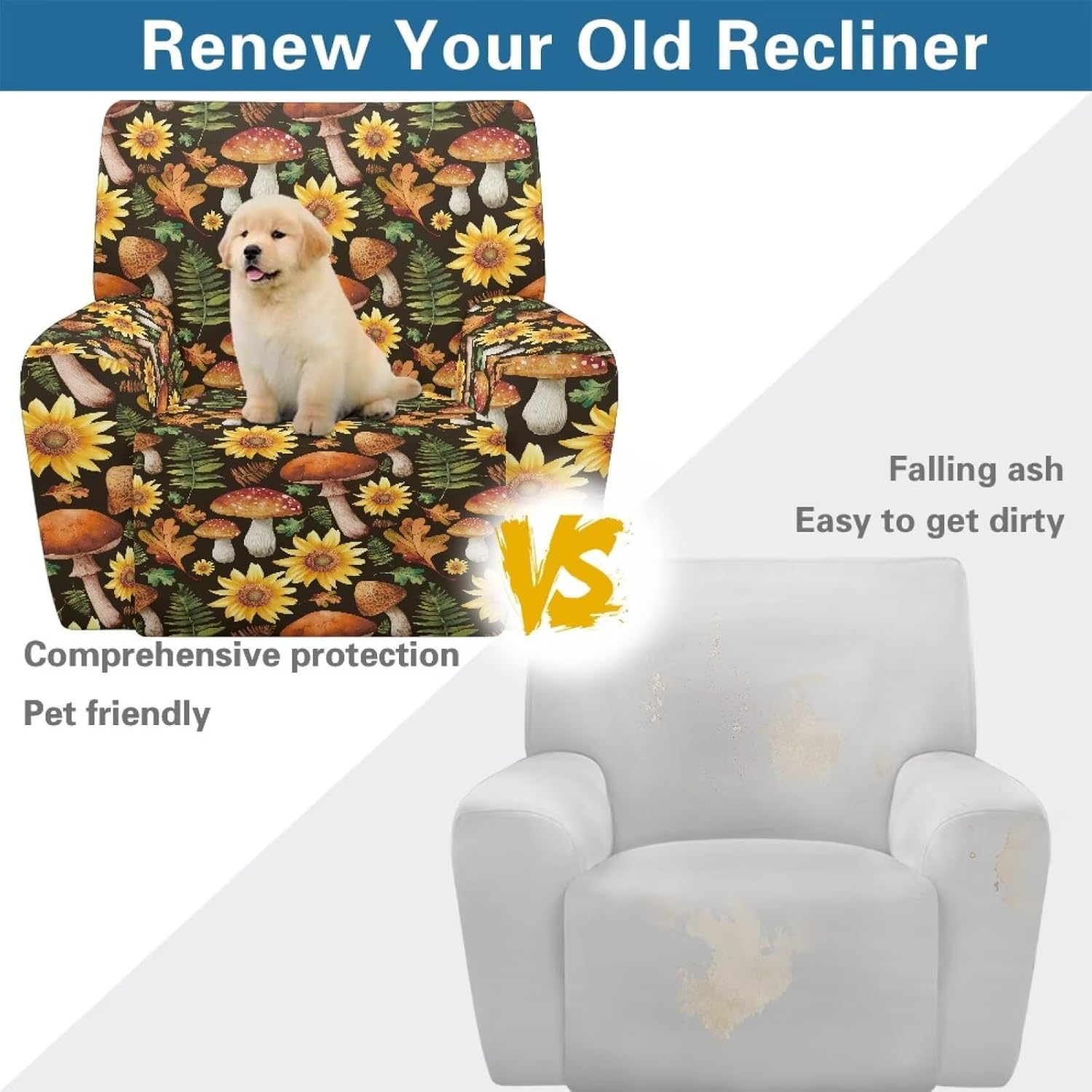 Wanyint Mushroom Sunflower Leaf Cover for Recliner Universal 1 Seat Recliner Cover 4 Pieces Dog Couch Protector Comfy Machine Washable Furniture Protector for Pets, Dogs, Kids