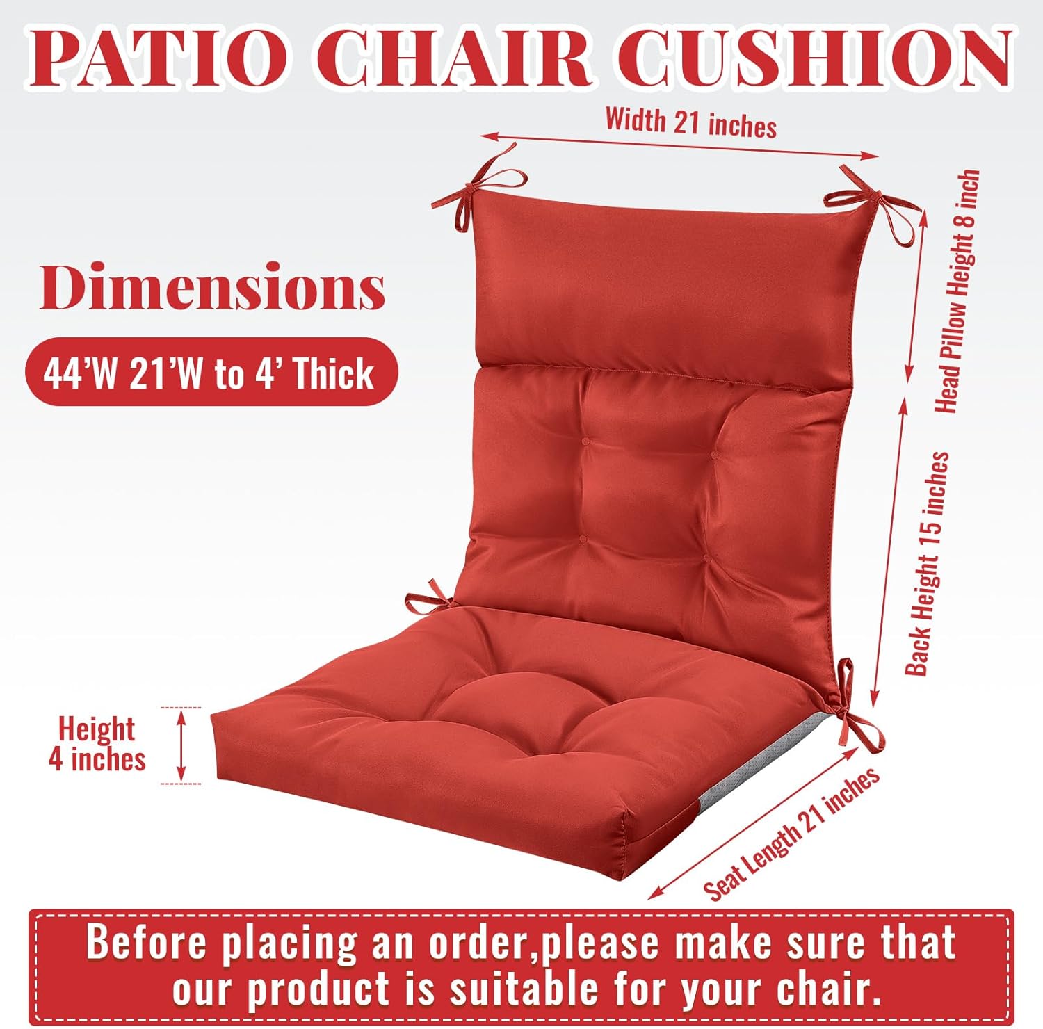 sintuff 4 pcs 44 x 21 x 4 outdoor chair cushion patio chair cushions seat/back tufted pillow with ties water resistant replacement indoor patio furniture outdoor furniture (solid color,red) solid color red 4