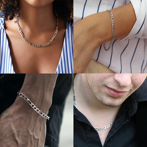 Miniatura 5 de Jishi Cadena Figaro de 16 pies, cadena de acero inoxidable plateado de 0.236 pulgadas para fabricación de joyas, collar para hombre y mujer,