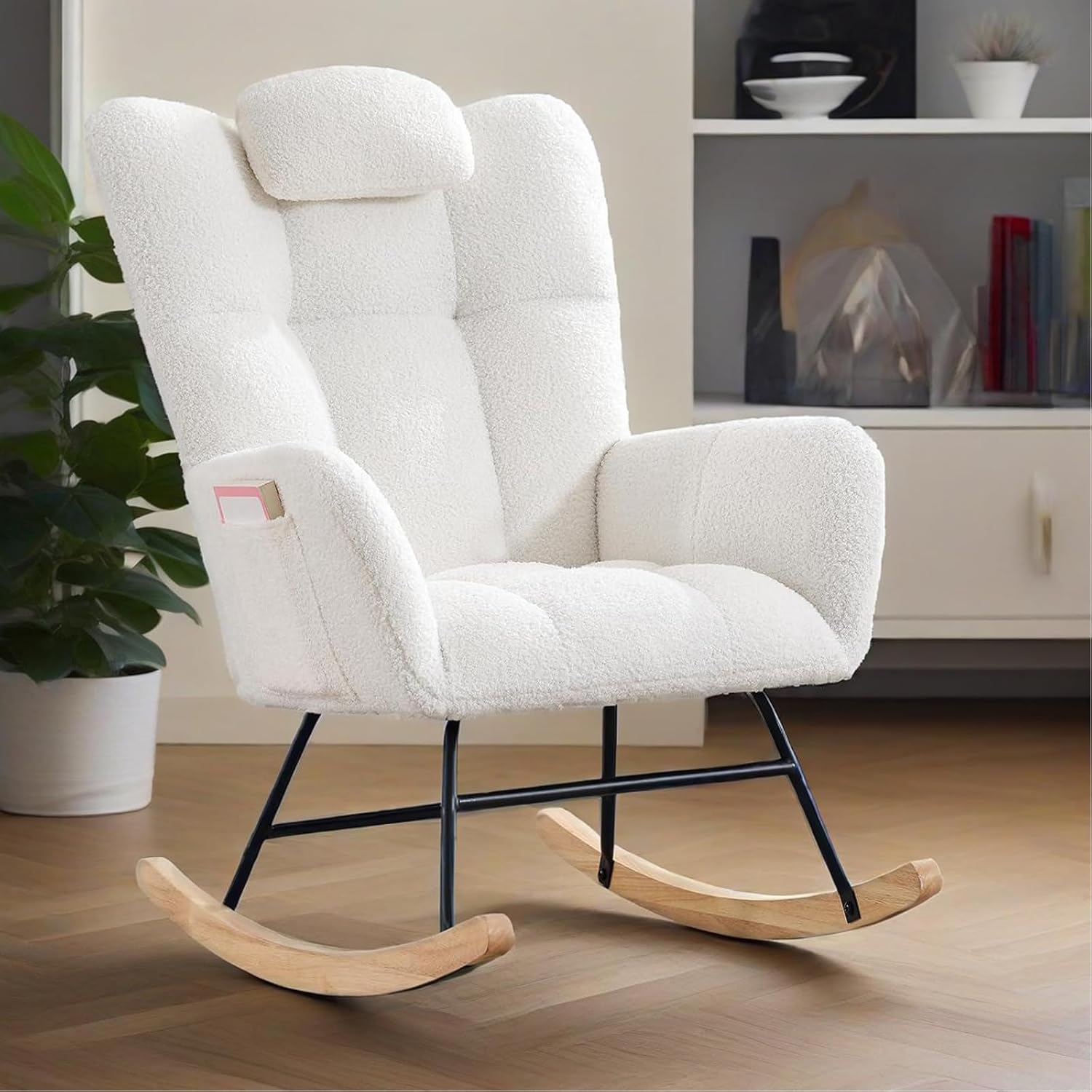 Nursery Rocking Chair, Upholstered Baby Fluffy Glider Rocker, Reading Chair with High Backrest, Accent Side Chairs for Living Room, Bedroom, Nursing