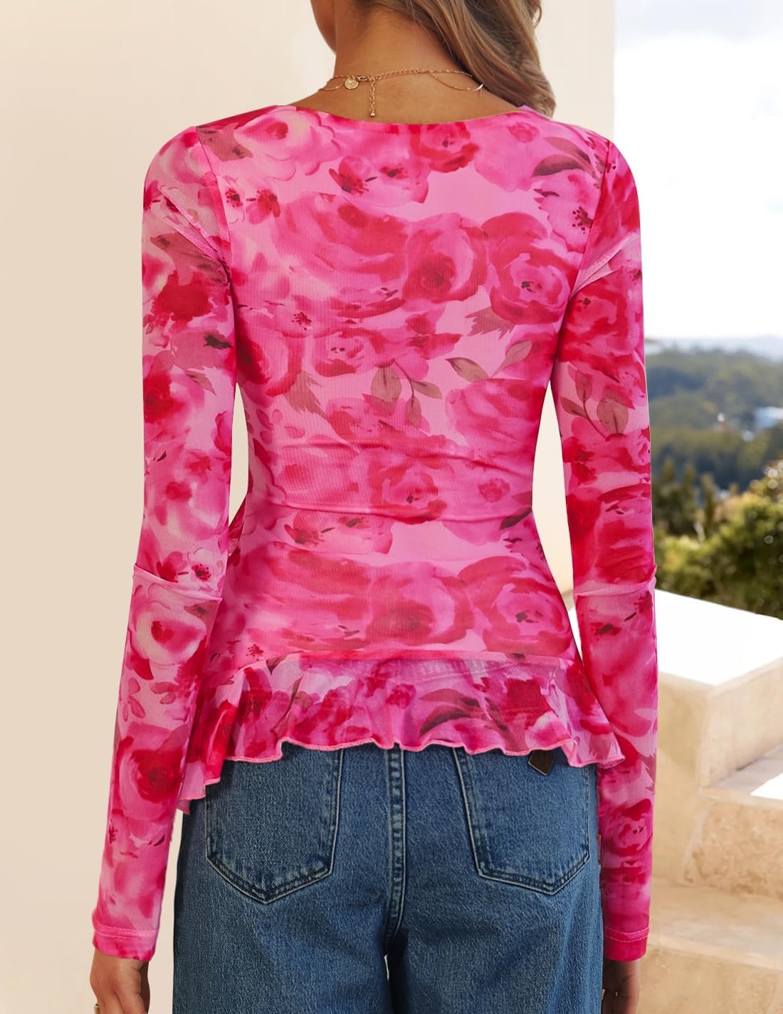 ZESICA Women's Long Sleeve Floral Shirts V Neck Going Out Ruffle Tops Blouses 2026 Fall Fashion Clothes Outfits - Image 5