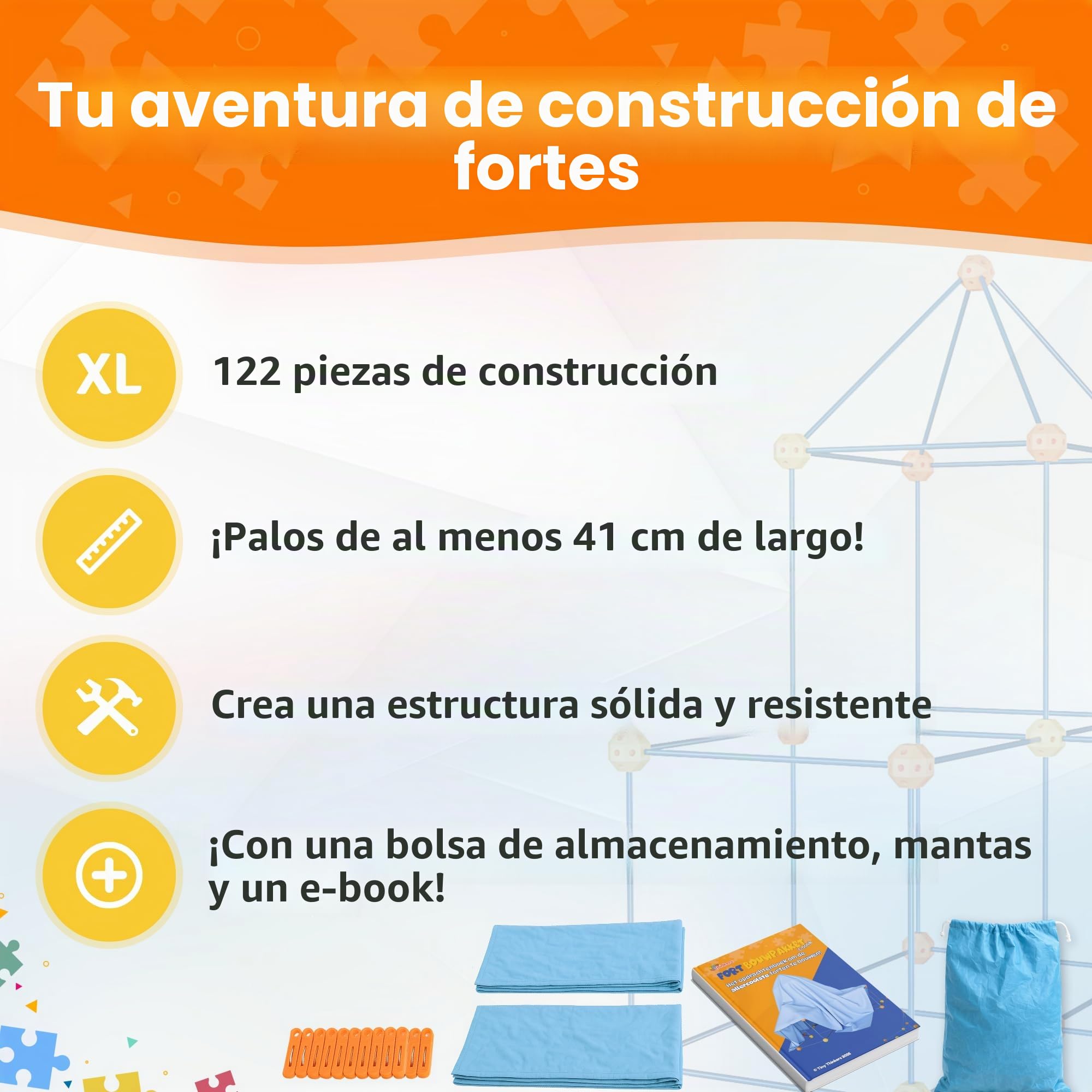 Kit de construcción fuerte XL - 122 piezas - con bolsa de almacenamiento y libro electrónico - juguete de construcción - tienda de juegos - juguete educativo STEM - construir una cabaña
