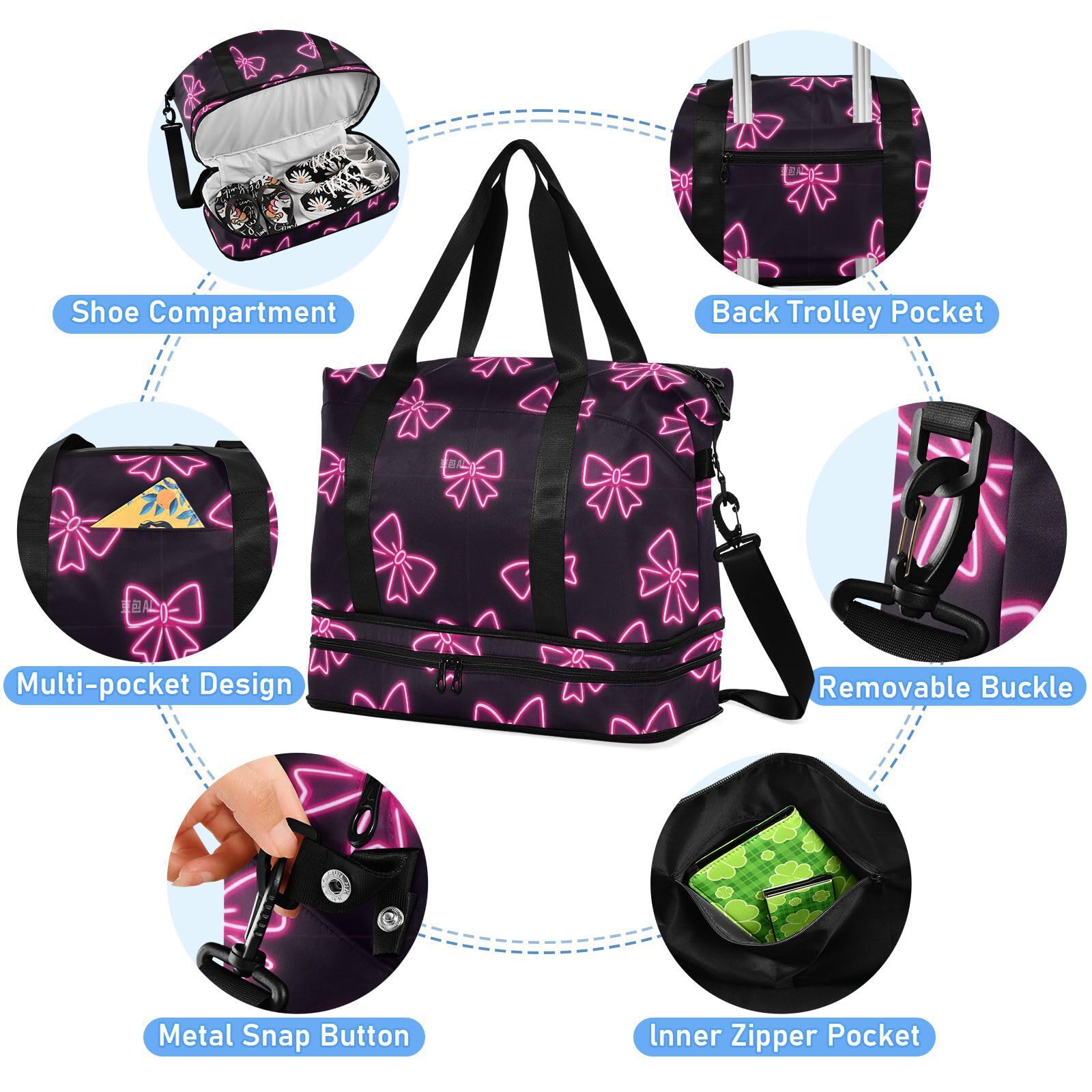 Bolso de mano y equipaje fluorescente rosa neón con bolsillo húmedo con correa ajustable, bolsa de entrenamiento deportivo para viajes, multifuncional, para hombres y mujeres