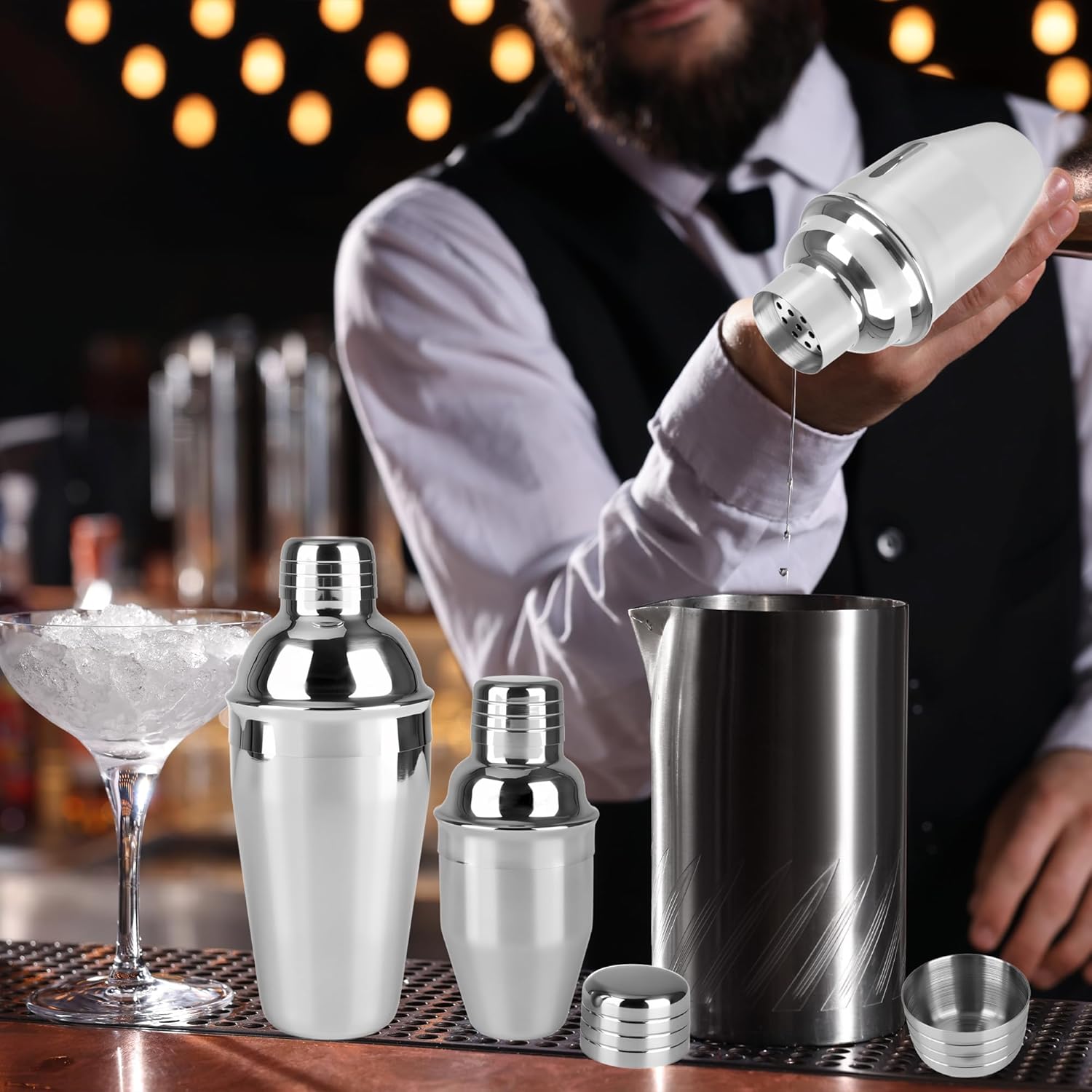 10 Pcs Bar Cocktail Shaker Professional Stainless Steel Cocktail Mixer Built-in Strainer for Home Bar Party Drink Mixing Tool (8 oz/ 18.6 oz)