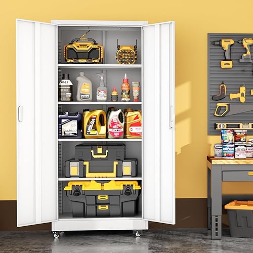 Vista 16 de INTERGREAT Armario de almacenamiento de metal, armarios de acero con cerradura de 72 pulgadas de alto con puertas de bloqueo, armario de Gris blanco