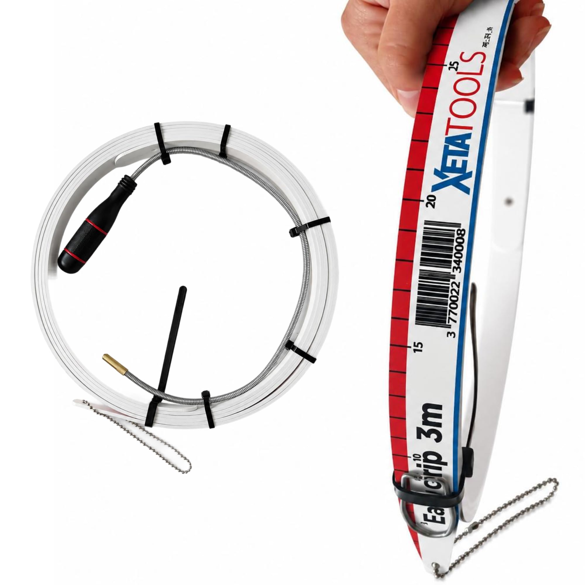 EASY-GRIP - Kit Double Aiguille Électricien 3 m + 1,5 m – Passe Câble Mural avec Chaînette, Agrafe et Aimant – Tire Fil Électrique Flexible et Gradué pour Cloisons, Faux Plafonds et Combles