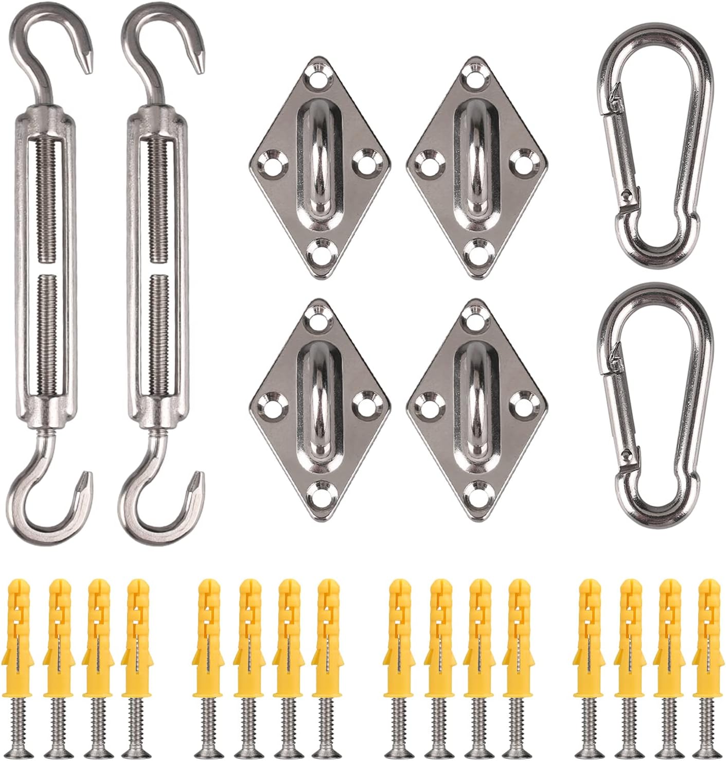 YeahmartHeavy Duty Sun Shade Sail Fixing Kit for Garden Triangle and Square, Rectangle, 304 Stainless Steel Sun Shade Sail Fixing Hardware Accessories Kit Anti-Rust 24 Pcs