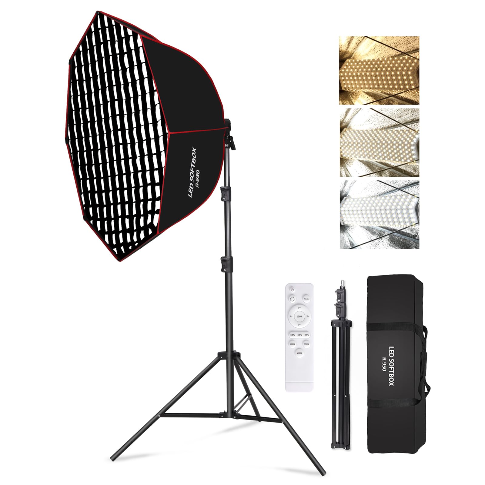 Set di Illuminazione Softbox Ottagonale da 110 W, 95 cm, con Griglia a Nido d'Ape/Telecomando/Supporto Luminoso, per Fotografia, Studio Fotografico, Ritratti, Trasmissione Live