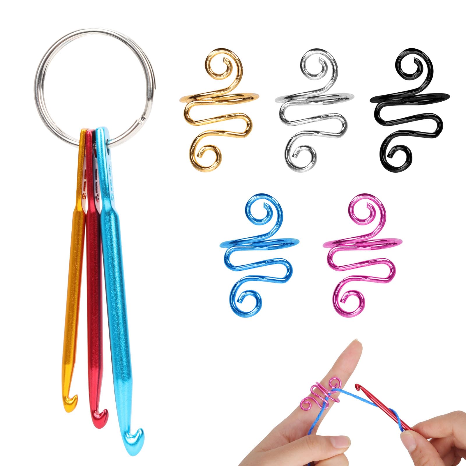 5pcs Crochet Ring, Adjustable Crochet Tension Ring with 3/4/5mm Crochet Hook Keychain Crochet Loop Guide Ring for Finger Crocheting & Knitting Yarn Ring Gift Accessories for Women Mom Knitting Lover