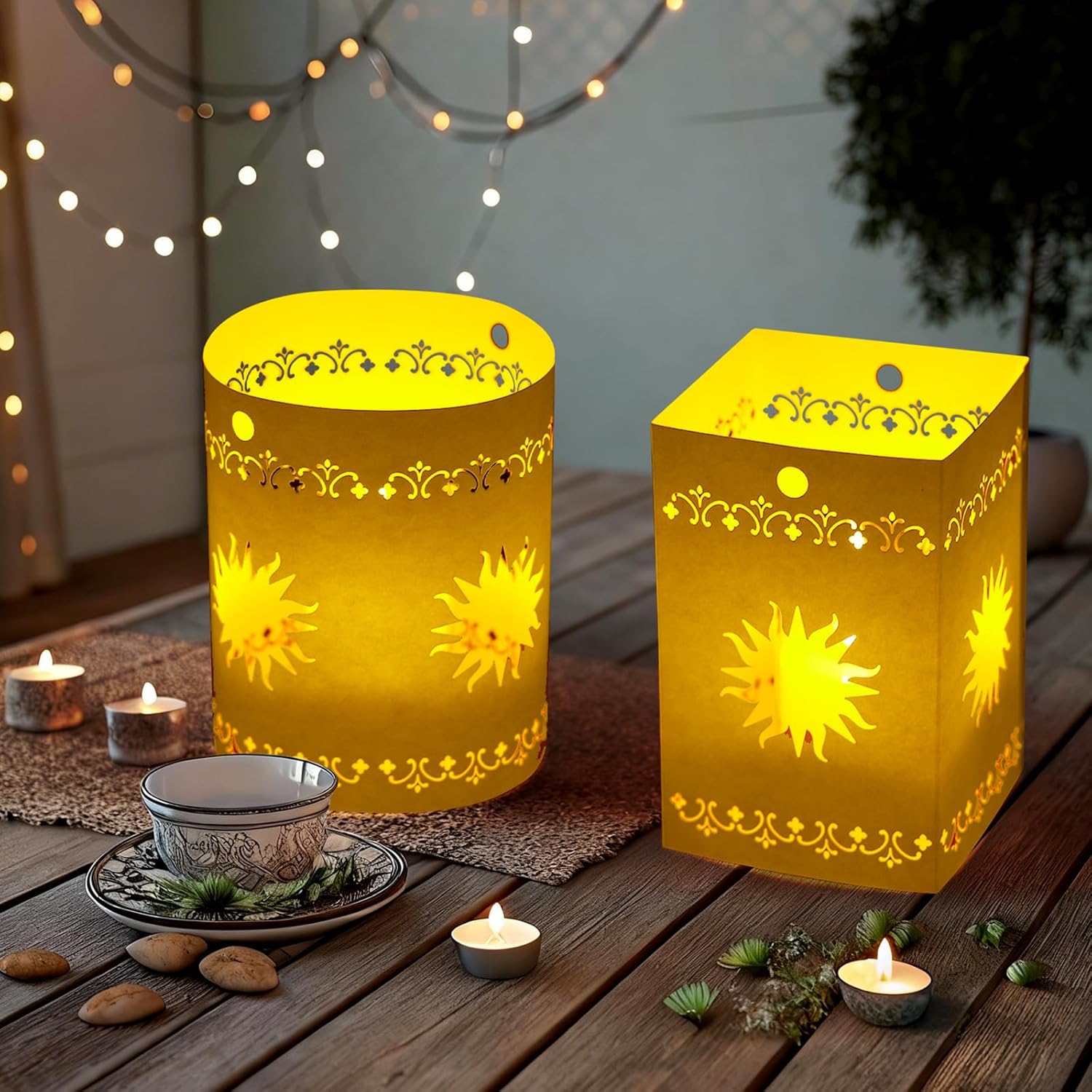 20 Pack Princess Sun Hanging Lanterns DIY Kit Paper Square Round Lantern Sun Cutouts White Lanterns with Hemp Rope Purple Ribbon for Birthday Wedding Garden Photo Backdrops