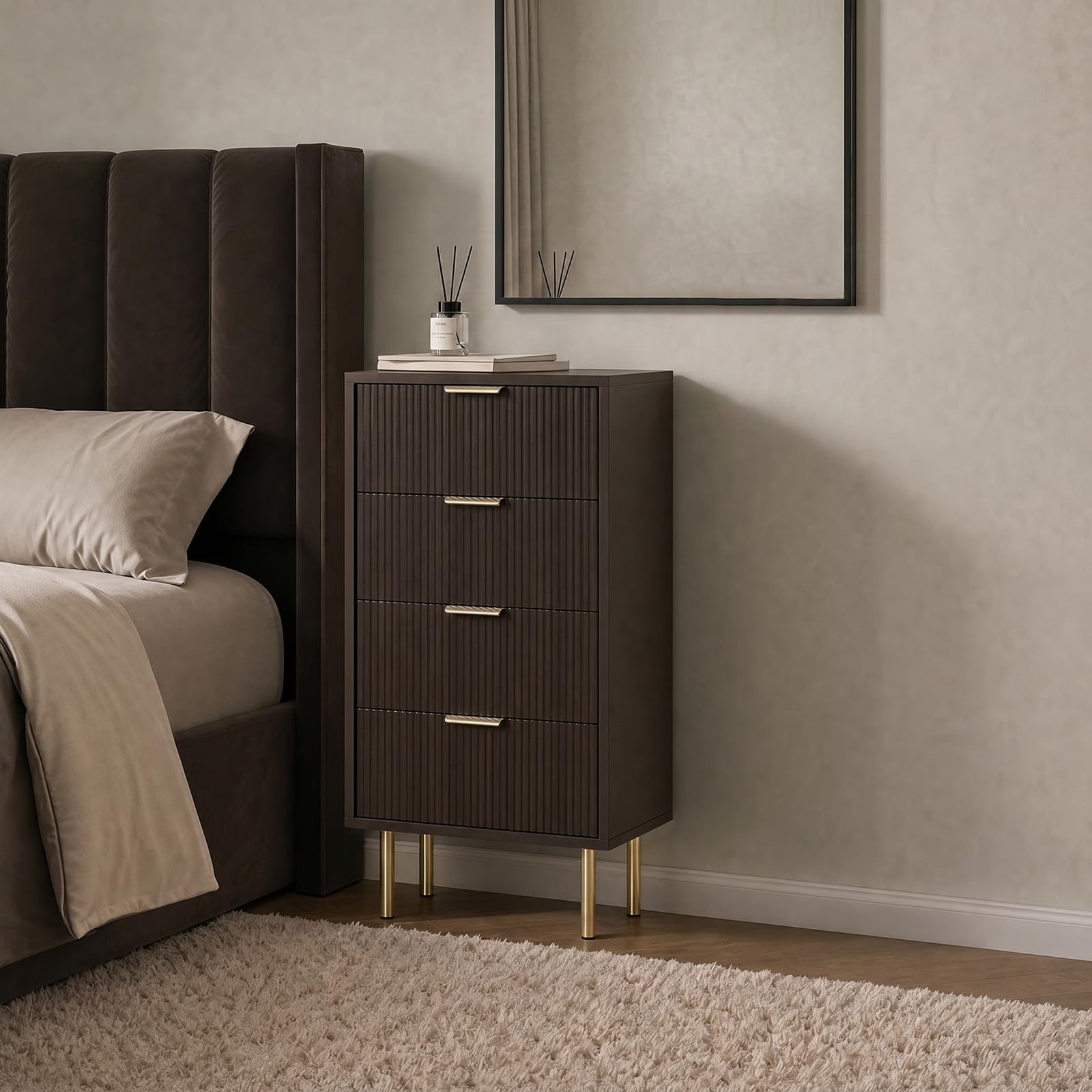 OHS 4 Drawer Bedside Table Ribbed MDF Nightstand End Table, Chocolate Brown — image 1