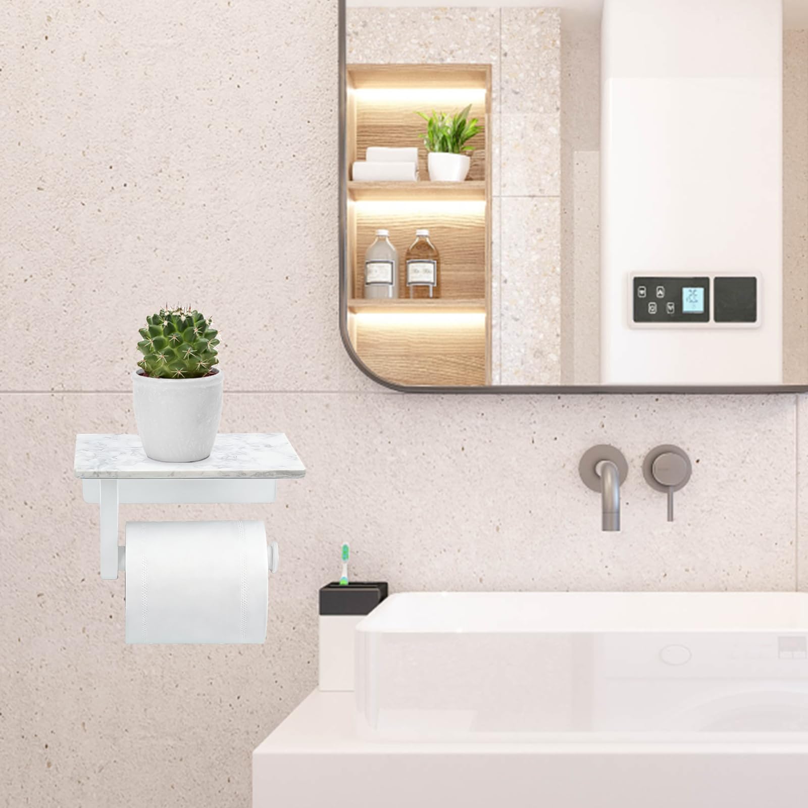 Soporte de papel higiénico con estante de mármol natural, soporte para pañuelos montado en la pared, accesorio de baño moderno y duradero para baño
