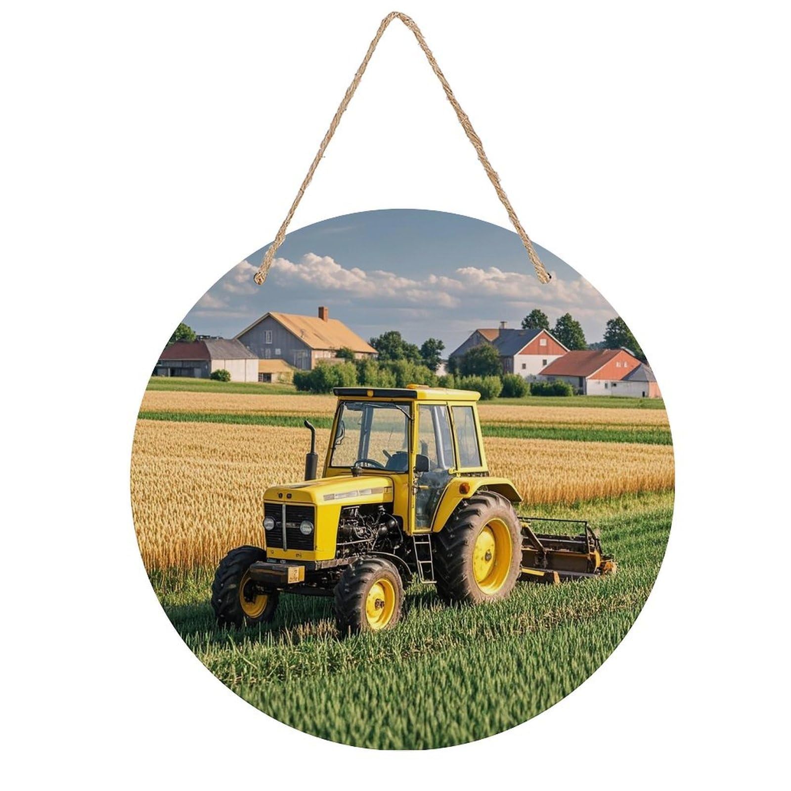 FekiLoot Tractor Farm Wall Art Decor Round Wood Hanging Sign Decoration Wooden Circle Door Sign Round Hanging Decorative Wood Plaque Door Hanger for Home Outdoor Indoor Decoration