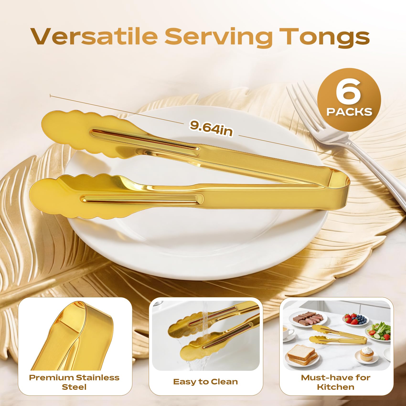 Gold Serving Tongs - 6 Pack Stainless Steel -2