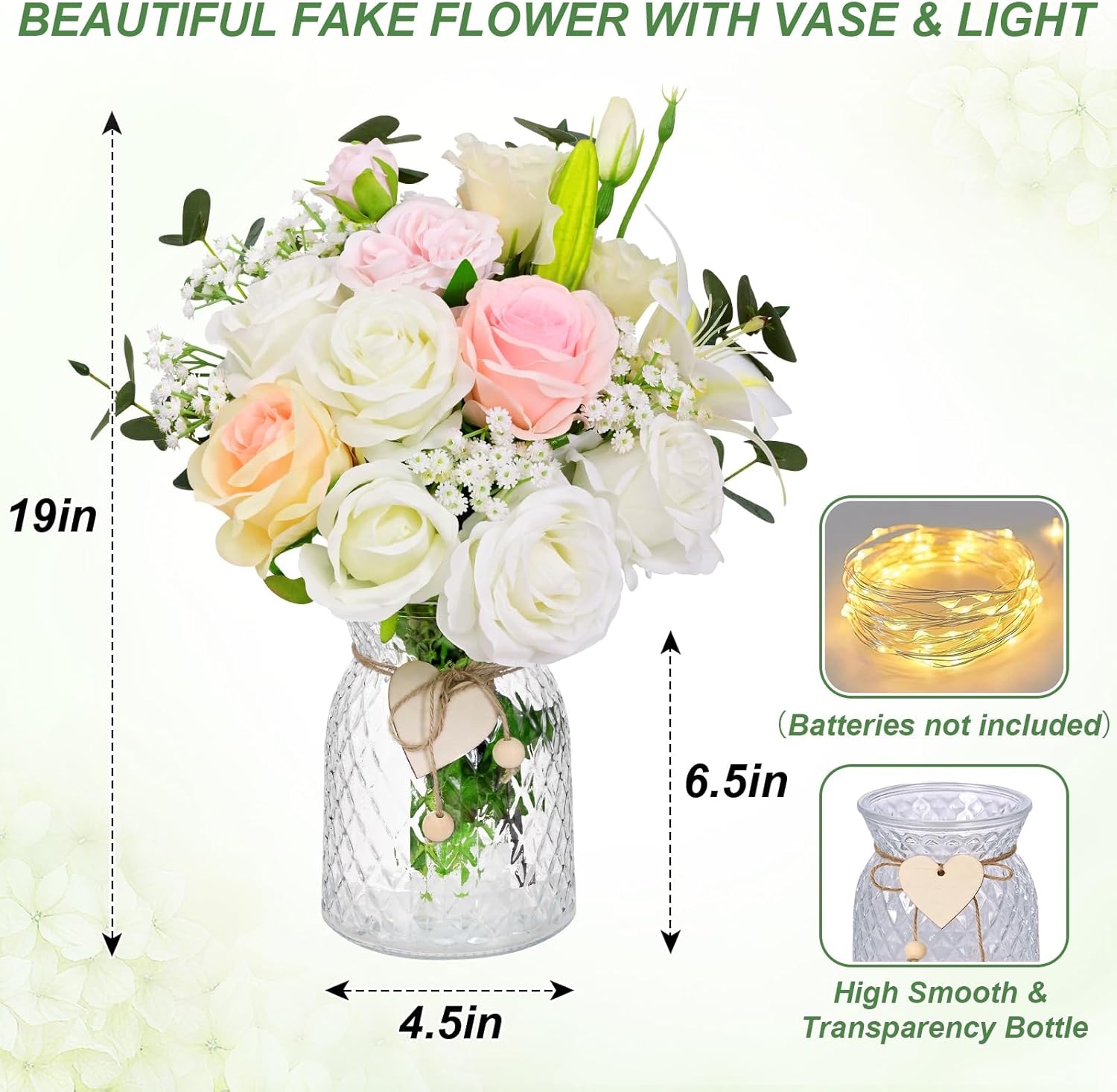Livole 22Pcs Fake Flowers with Vase Silk White Artificial Flowers in Vase with Light Fake Plant Eucalyptus Flower Arrangement for Table Centerpieces Decor for Living Room Coffee Home Farmhouse
